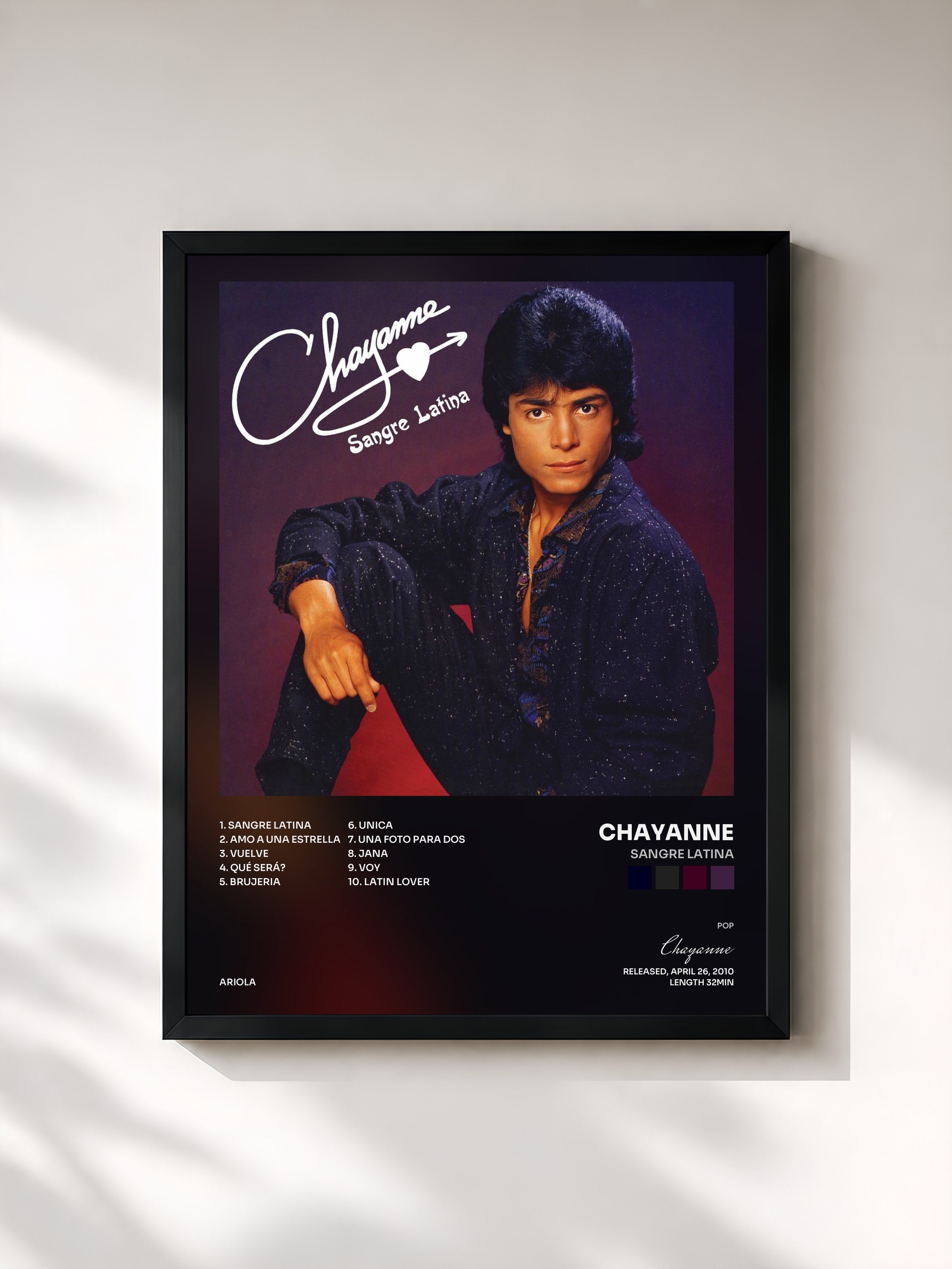 #noir Tableau de l'album Sangre Latina de Chayanne, cadre noir, imprimé et encadré en France