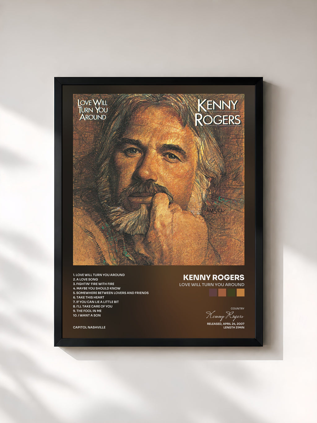 #noir Tableau de l'album Love Will Turn You Around de Kenny Rogers, cadre noir, imprimé et encadré en France
