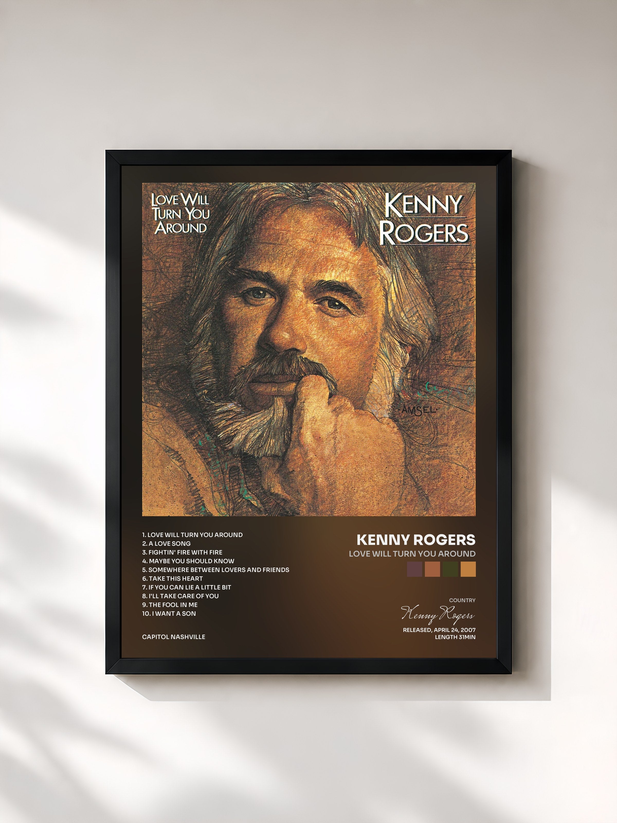 #noir Tableau de l'album Love Will Turn You Around de Kenny Rogers, cadre noir, imprimé et encadré en France