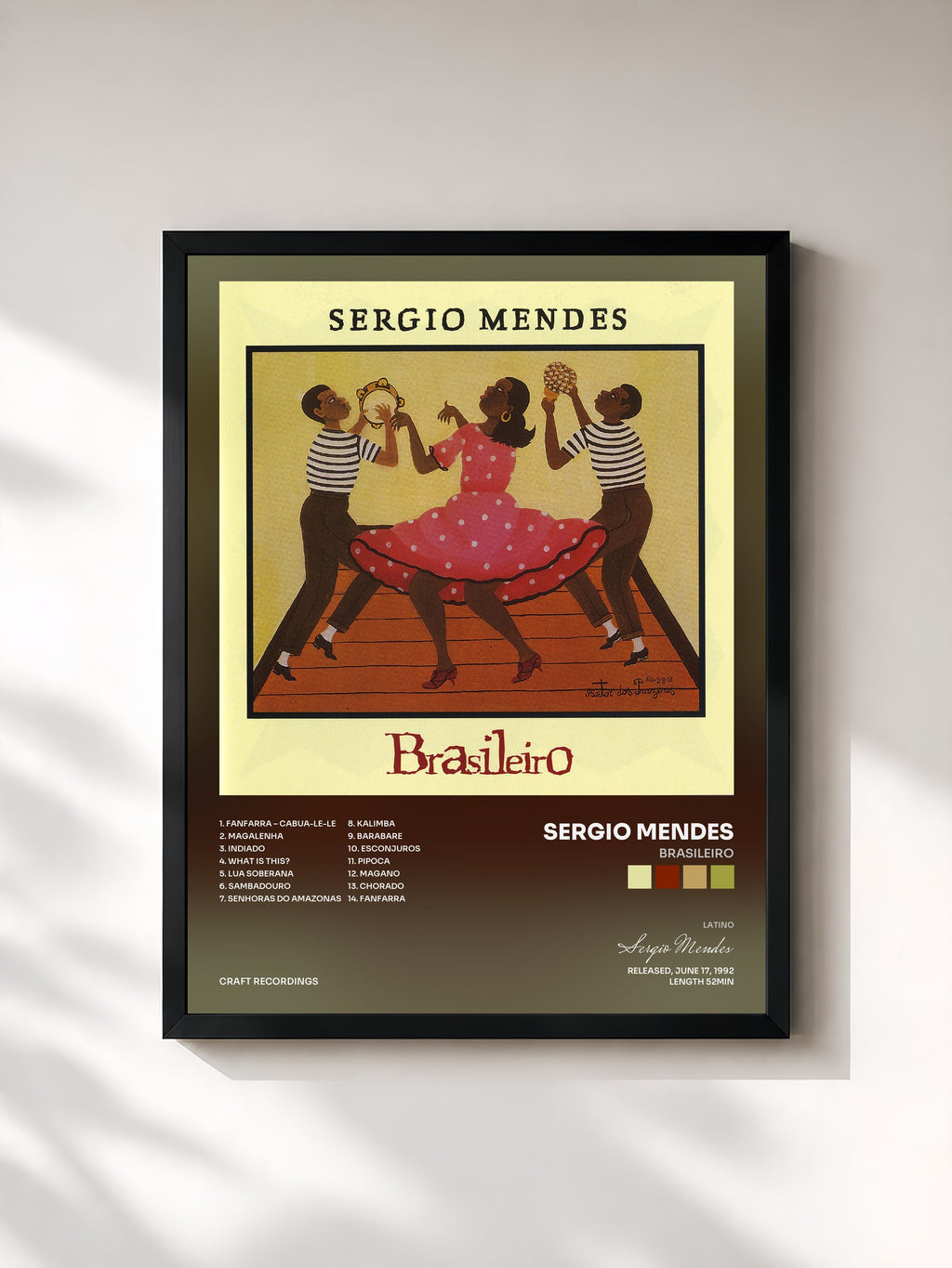 #noir Tableau de l'album Brasileiro de Sergio Mendes, cadre noir, imprimé et encadré en France