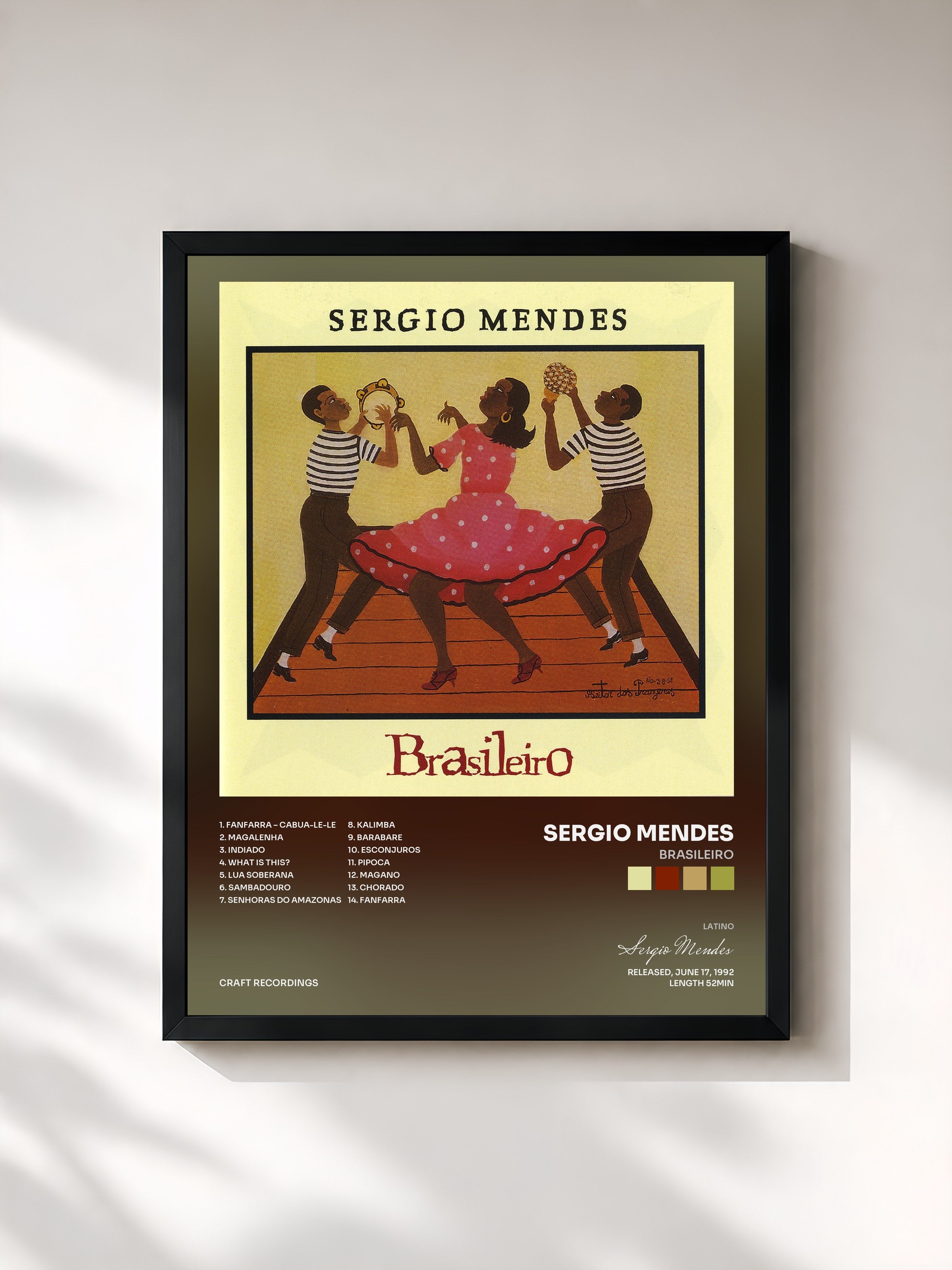 #noir Tableau de l'album Brasileiro de Sergio Mendes, cadre noir, imprimé et encadré en France
