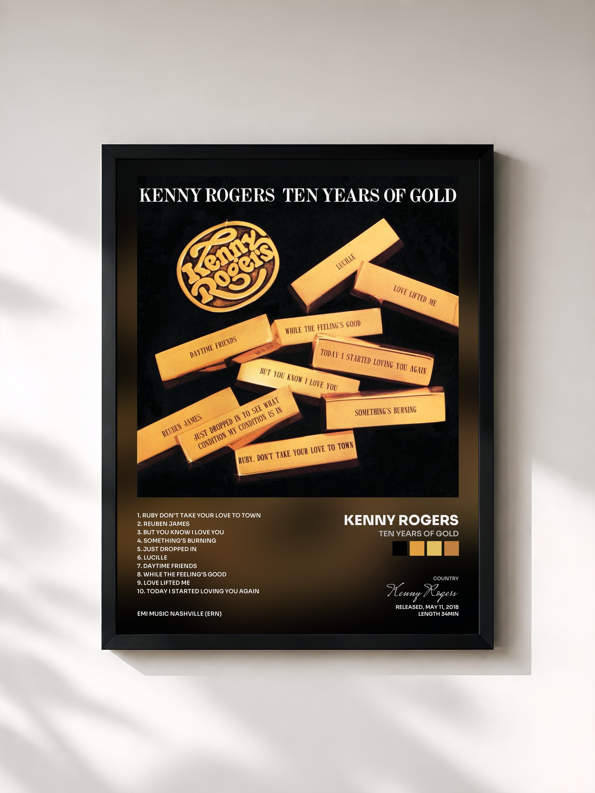 #noir Tableau de l'album Ten Years Of Gold de Kenny Rogers, cadre noir, imprimé et encadré en France