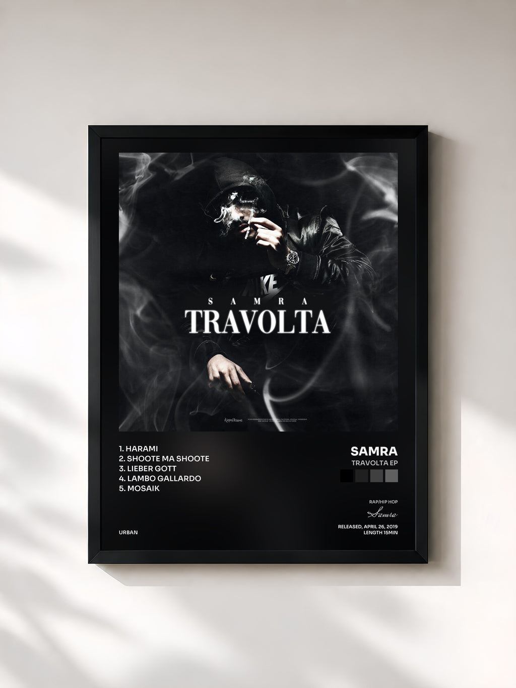 #noir Tableau de l'album Travolta EP de Samra, cadre noir, imprimé et encadré en France