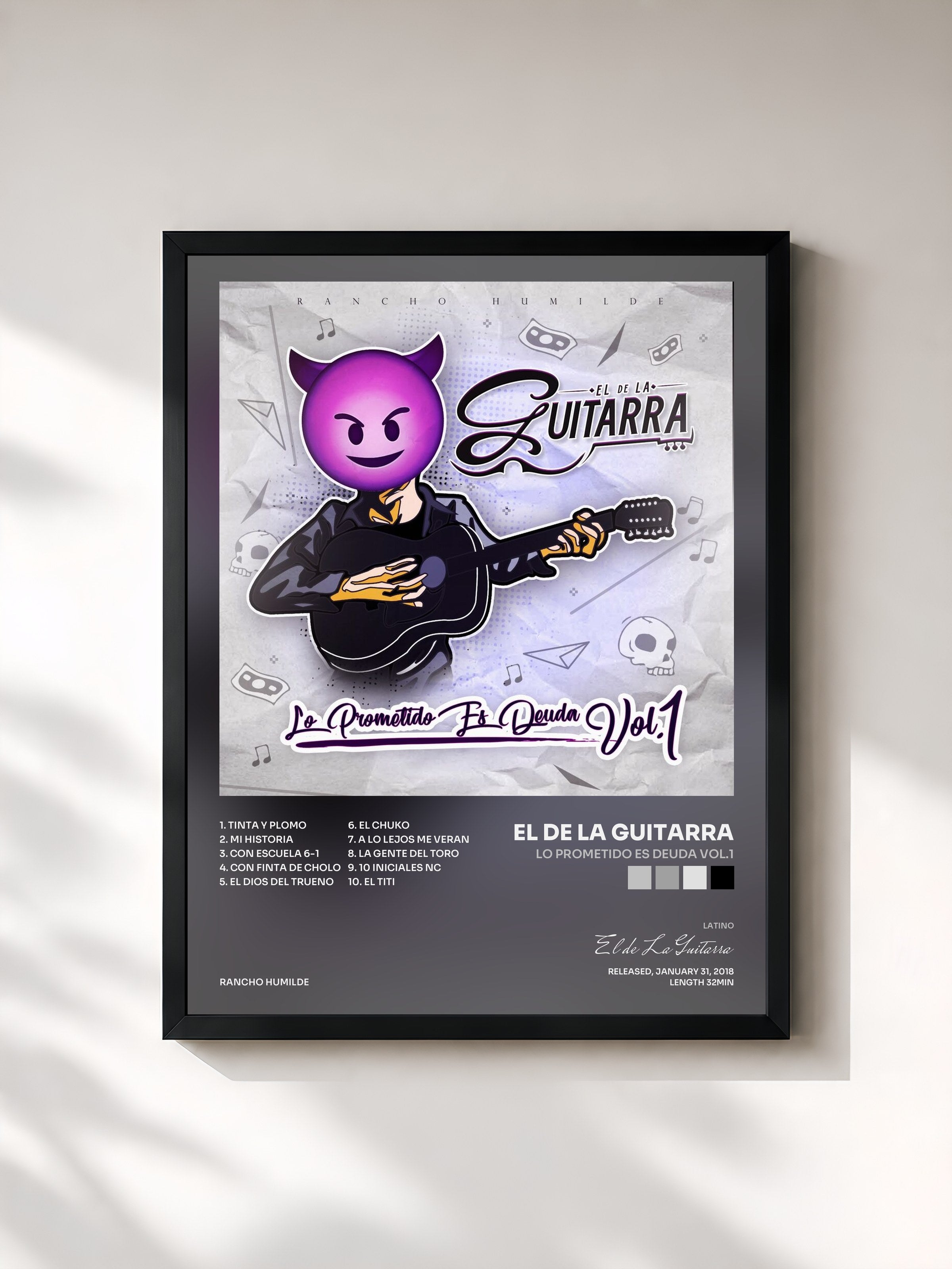 #noir Tableau de l'album Lo Prometido Es Deuda Vol.1 de El de La Guitarra, cadre noir, imprimé et encadré en France
