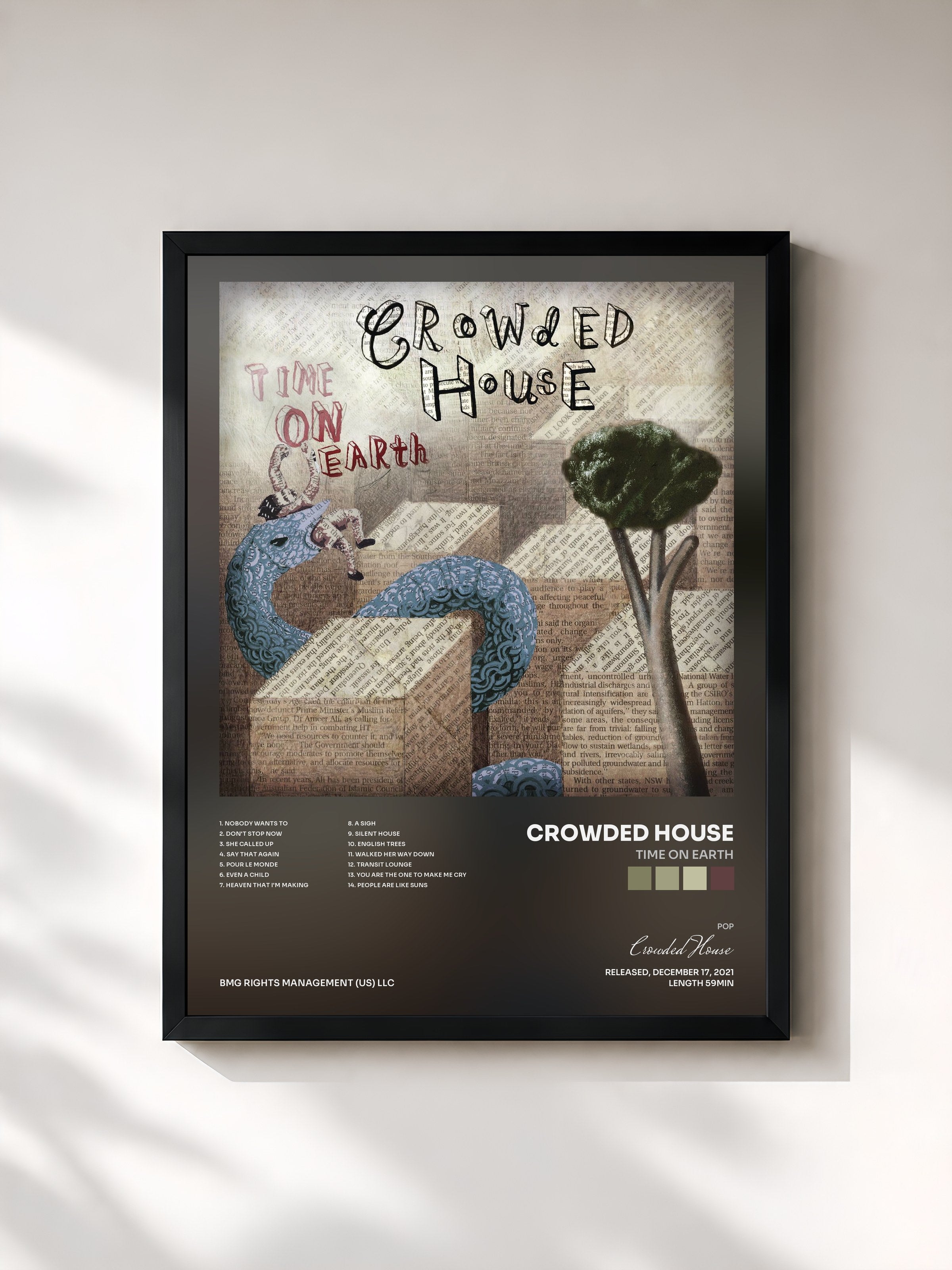 #noir Tableau de l'album Time on Earth de Crowded House, cadre noir, imprimé et encadré en France