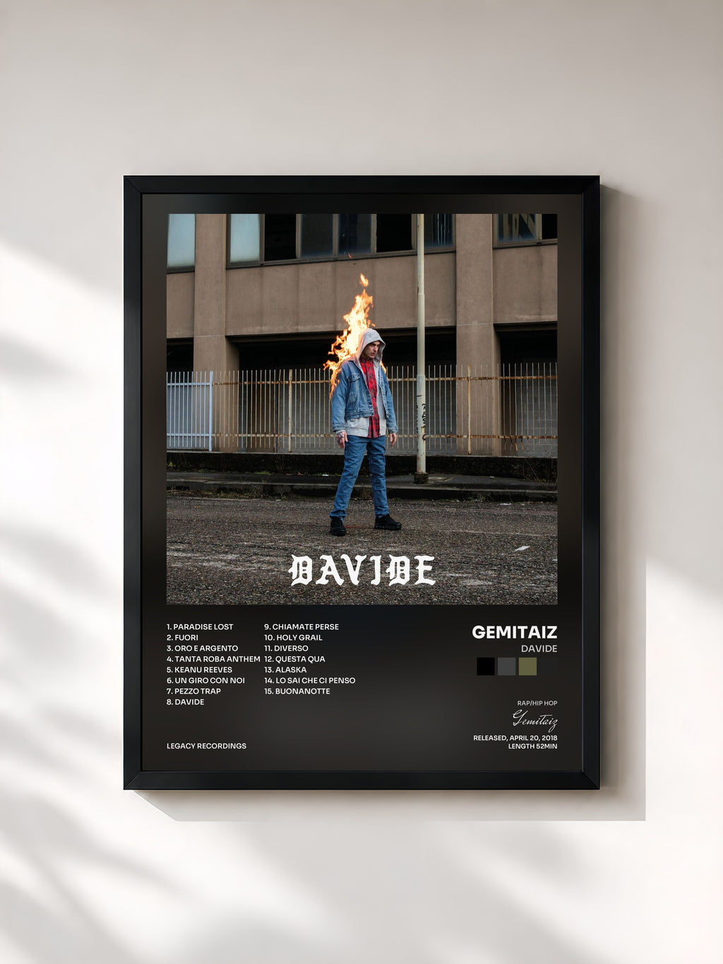 #noir Tableau de l'album Davide de Gemitaiz, cadre noir, imprimé et encadré en France