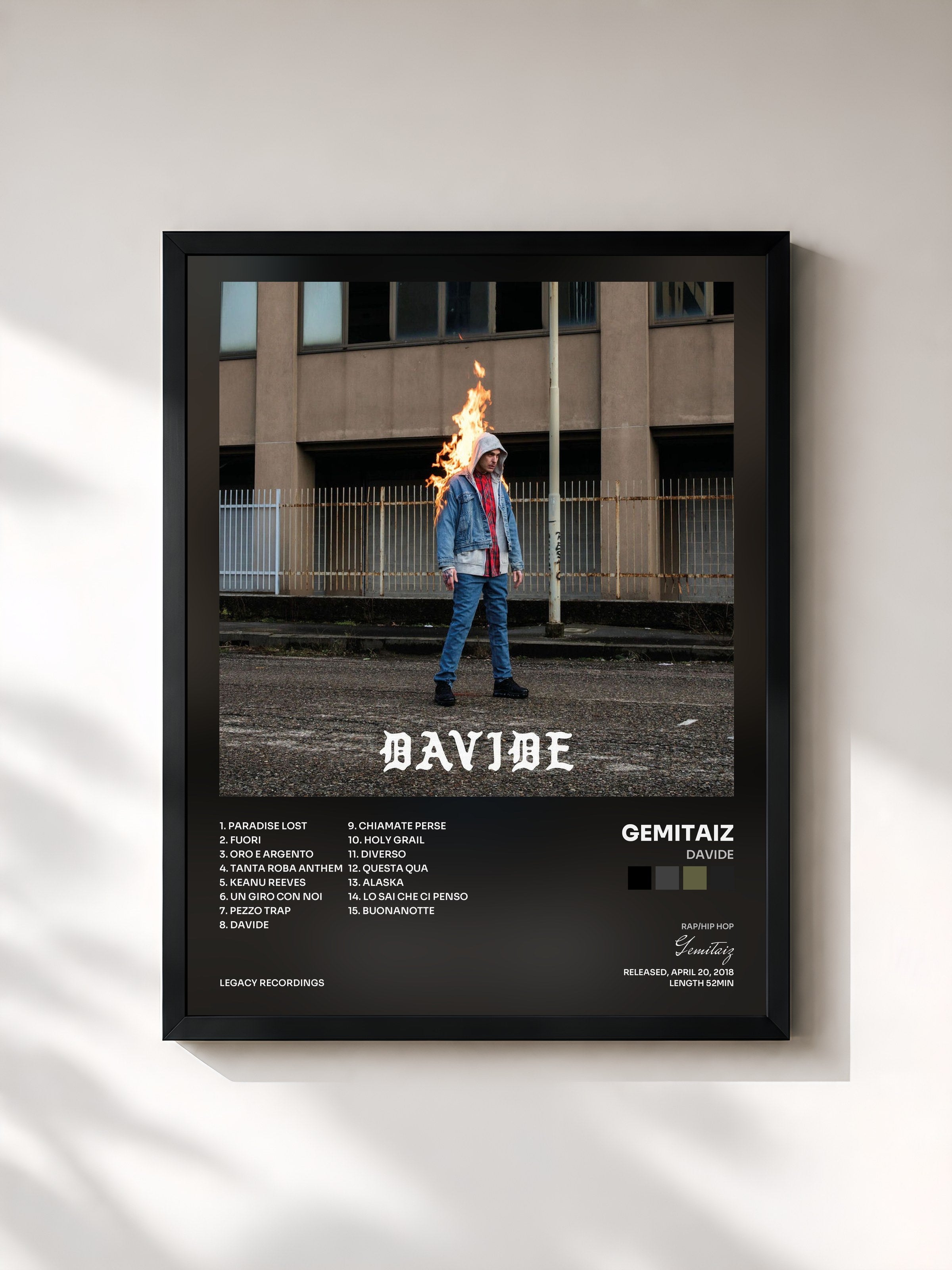 #noir Tableau de l'album Davide de Gemitaiz, cadre noir, imprimé et encadré en France