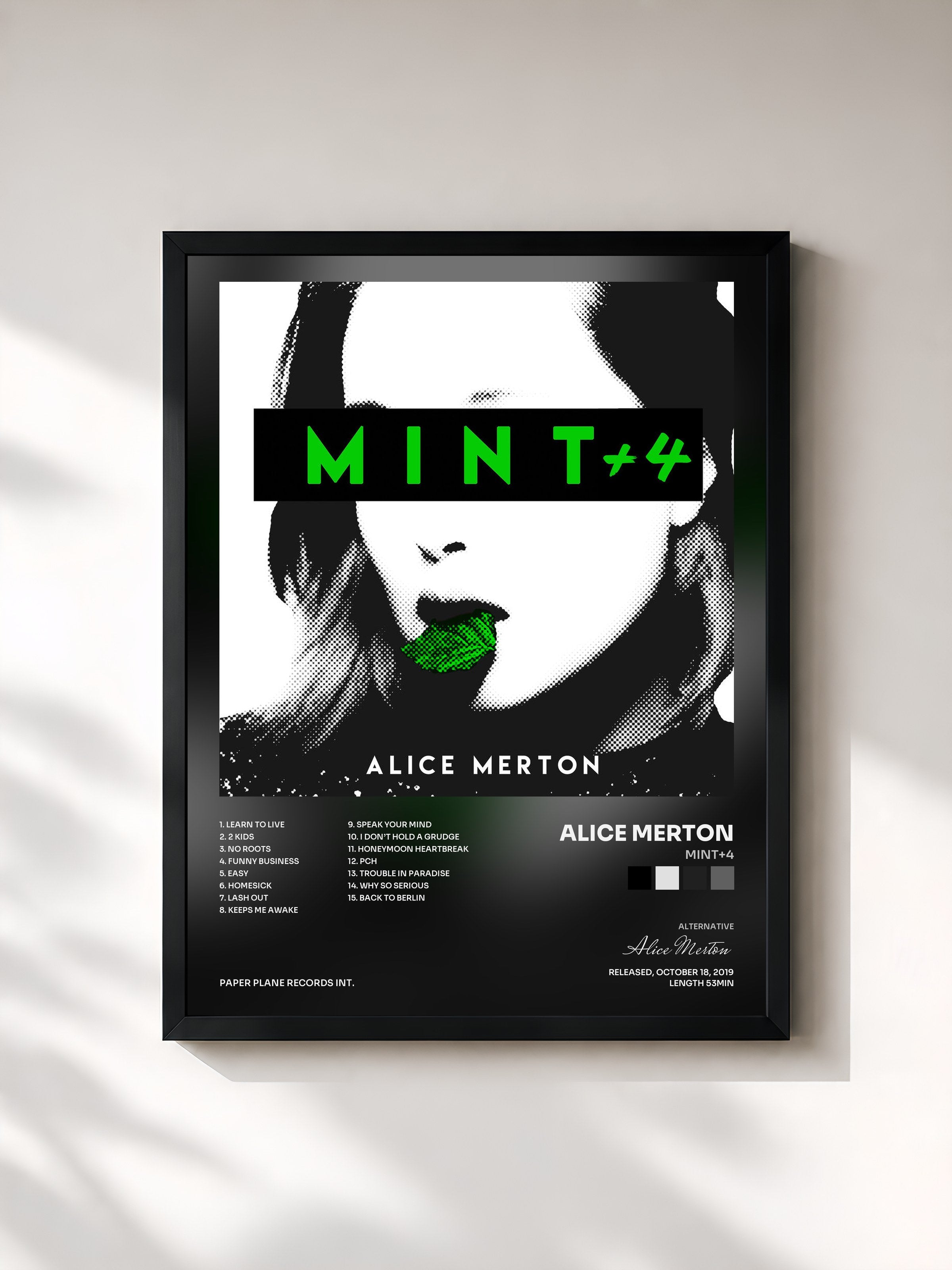 #noir Tableau de l'album MINT+4 de Alice Merton, cadre noir, imprimé et encadré en France