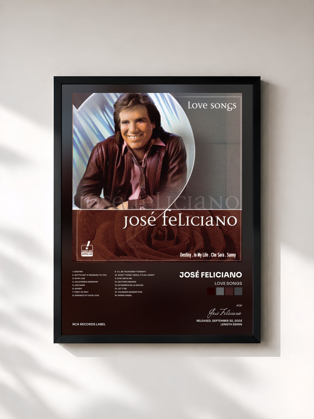 #noir Tableau de l'album Love Songs de José Feliciano, cadre noir, imprimé et encadré en France