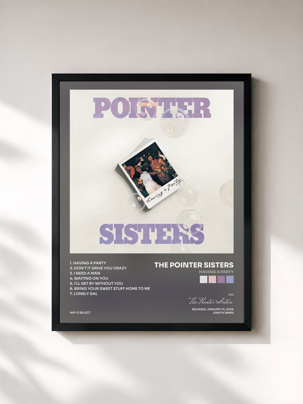 #noir Tableau de l'album Having A Party de The Pointer Sisters, cadre noir, imprimé et encadré en France