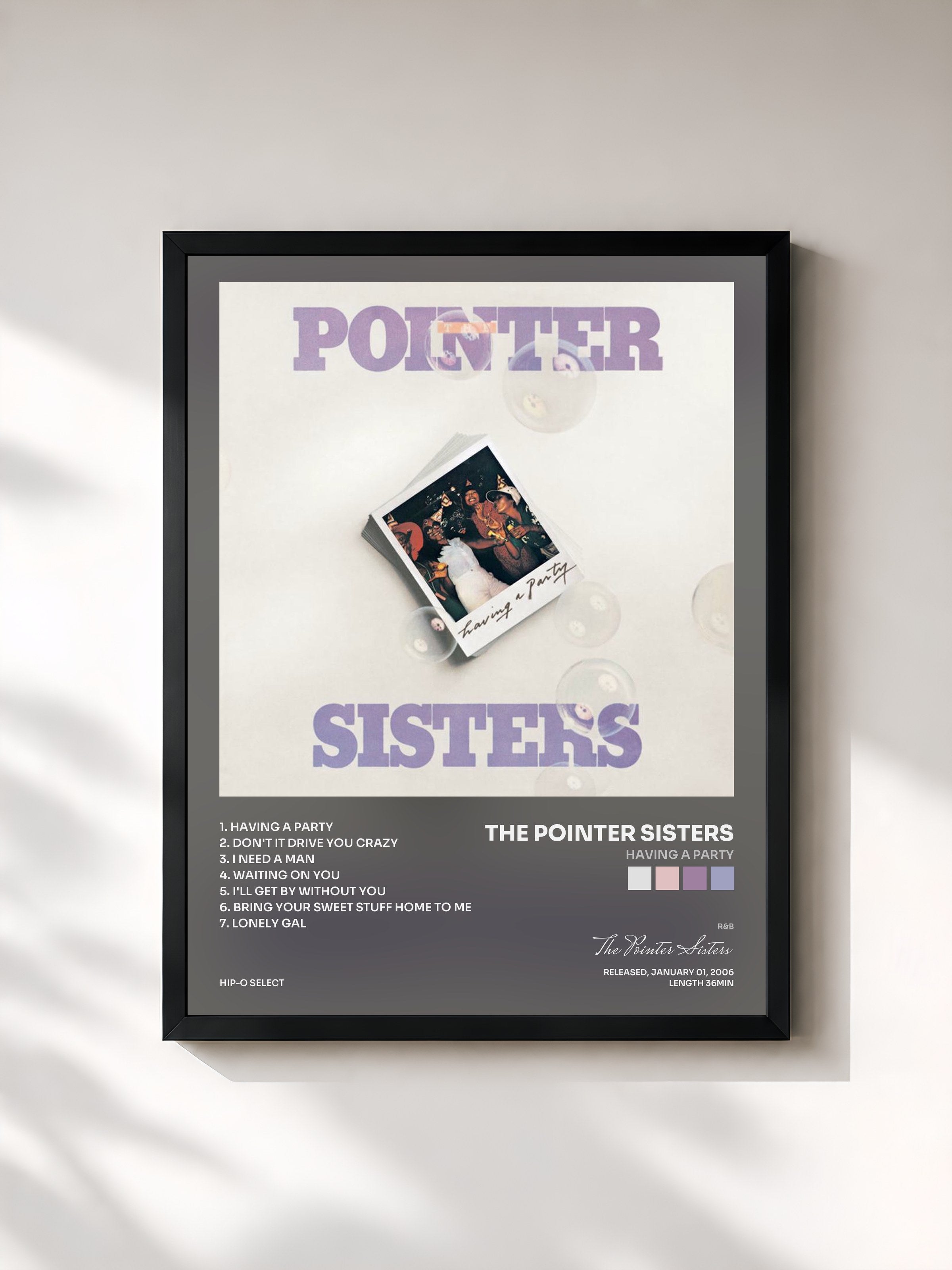 #noir Tableau de l'album Having A Party de The Pointer Sisters, cadre noir, imprimé et encadré en France