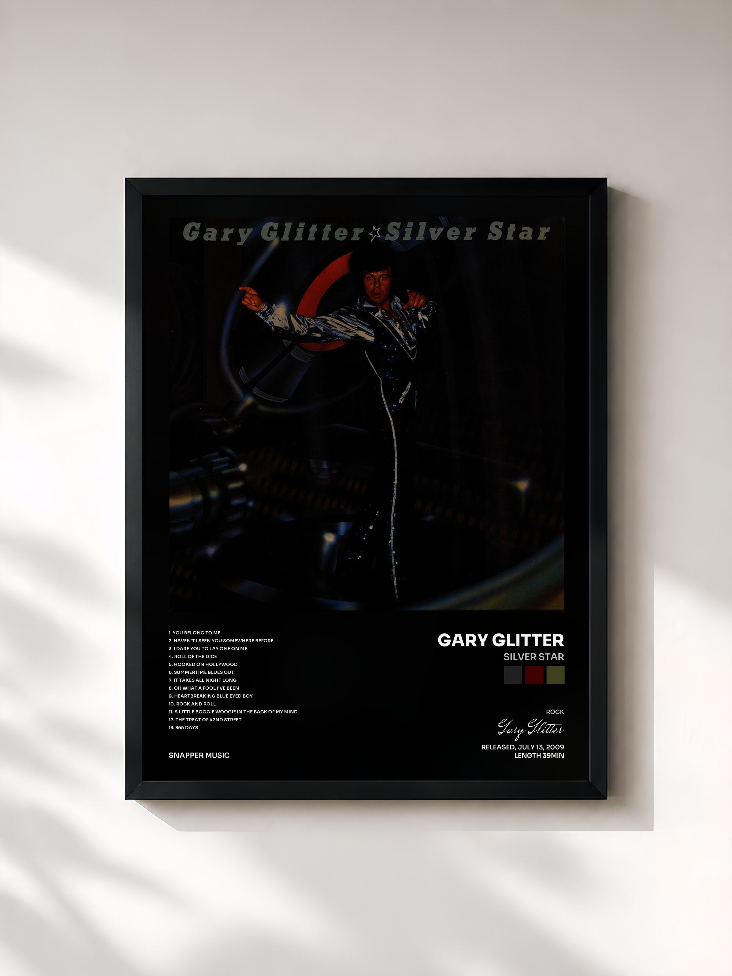 #noir Tableau de l'album Silver Star de Gary Glitter, cadre noir, imprimé et encadré en France
