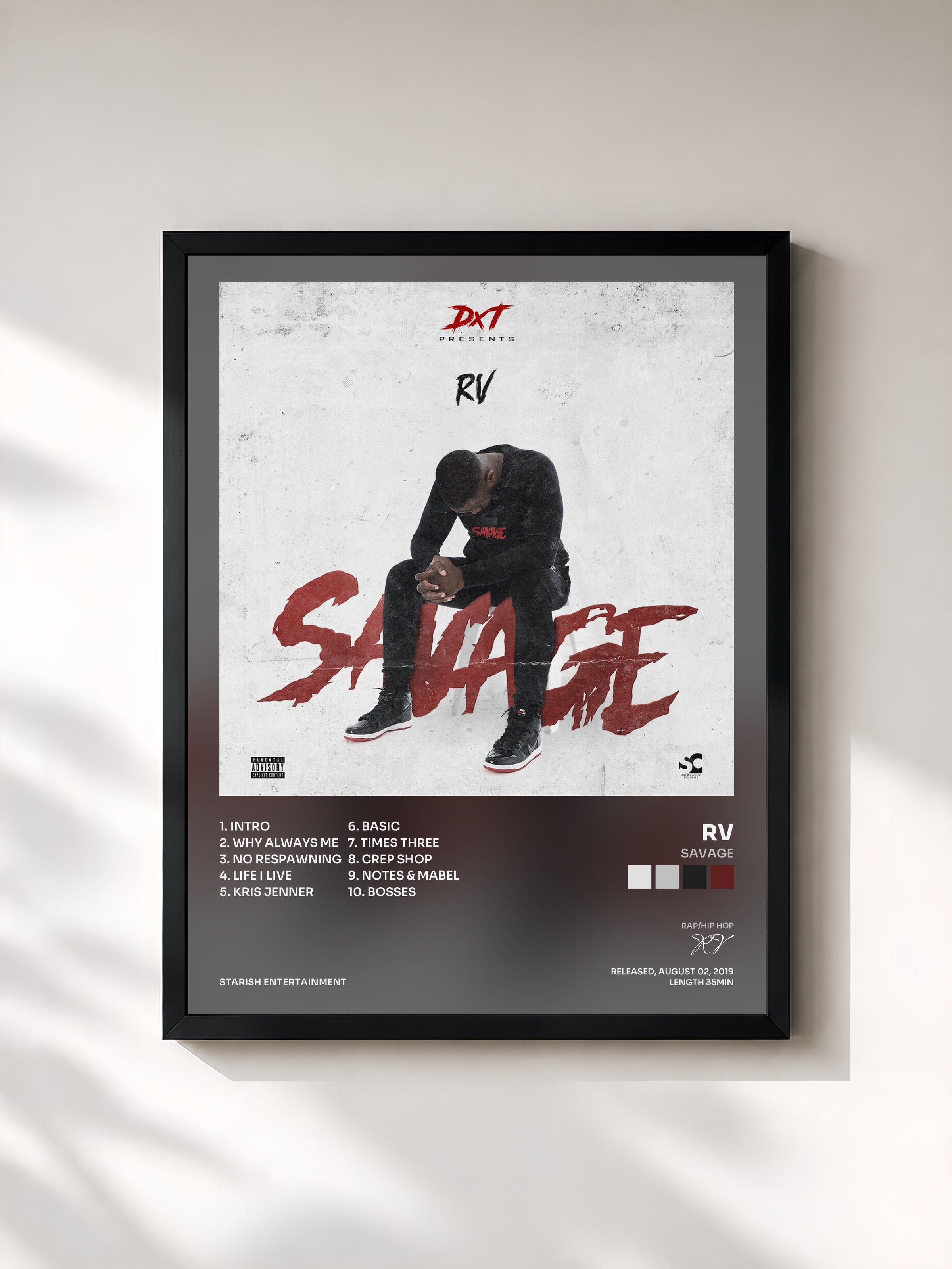#noir Tableau de l'album Savage de RV, cadre noir, imprimé et encadré en France