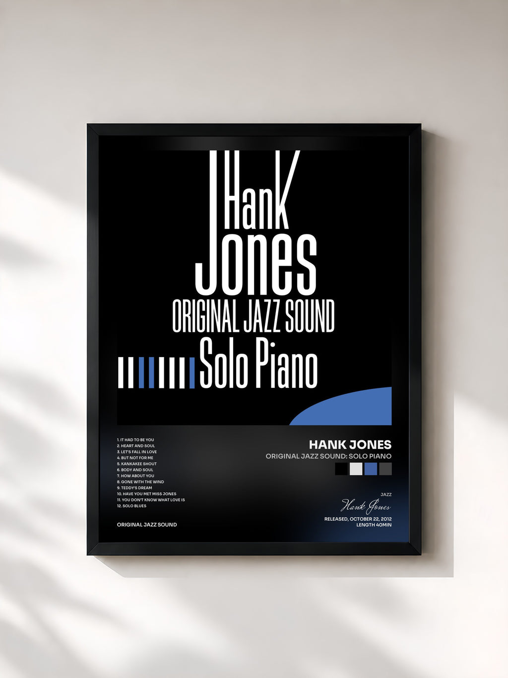 #noir Tableau de l'album Original Jazz Sound: Solo Piano de Hank Jones, cadre noir, imprimé et encadré en France