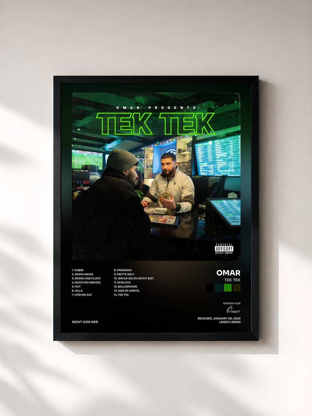 #noir Tableau de l'album TEK TEK de Omar, cadre noir, imprimé et encadré en France