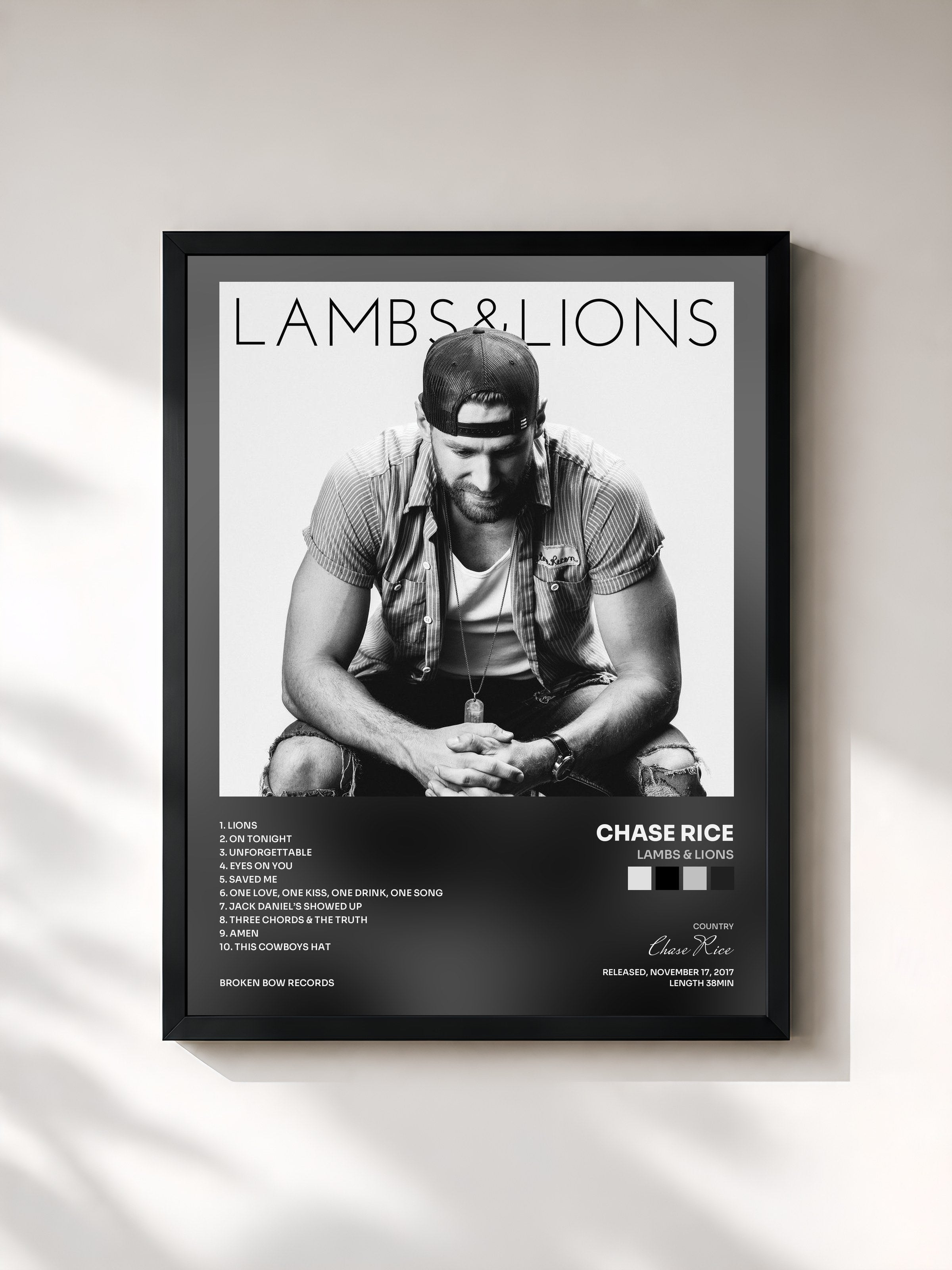 #noir Tableau de l'album Lambs & Lions de Chase Rice, cadre noir, imprimé et encadré en France