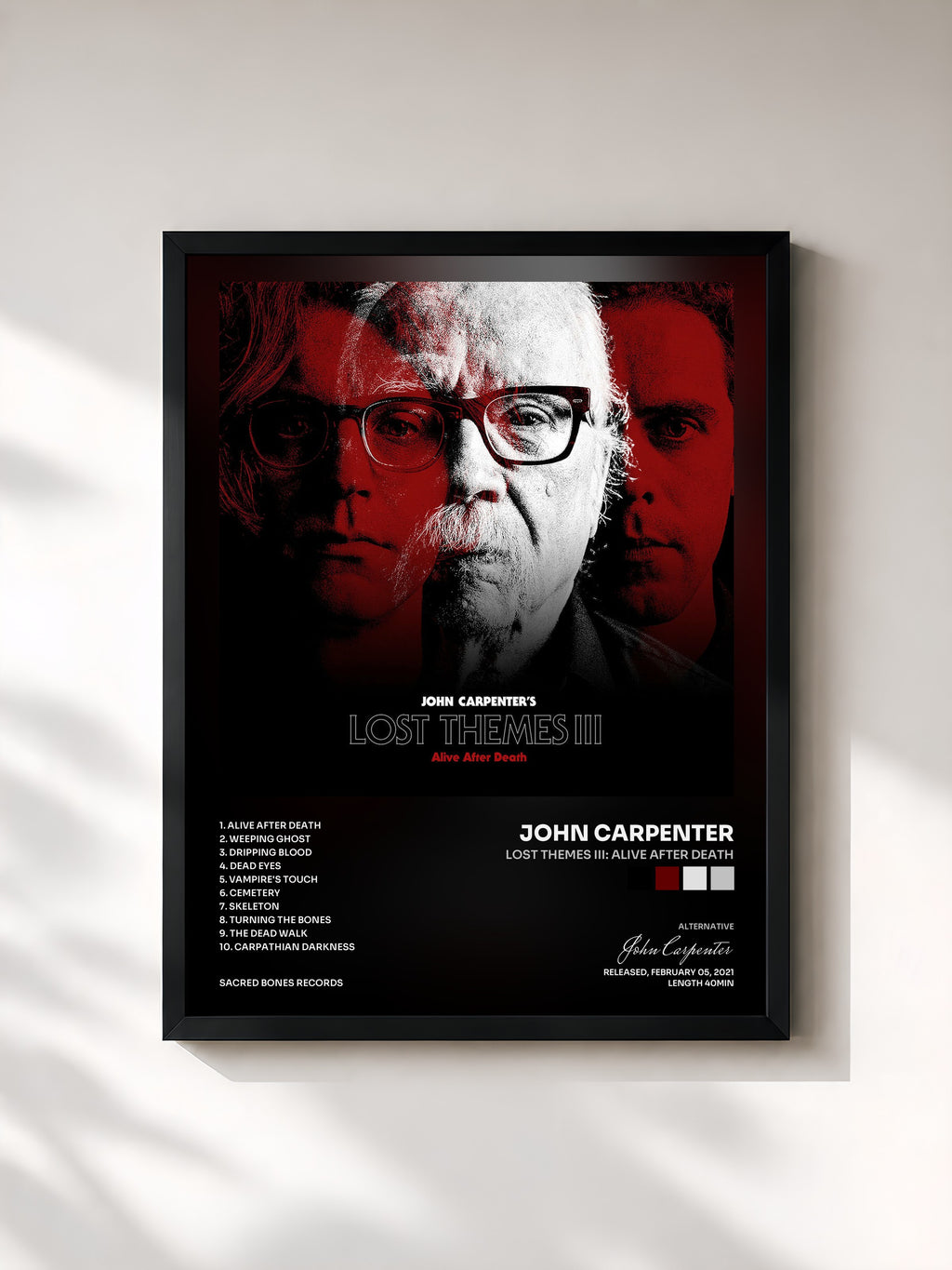 #noir Tableau de l'album Lost Themes III: Alive After Death de John Carpenter, cadre noir, imprimé et encadré en France