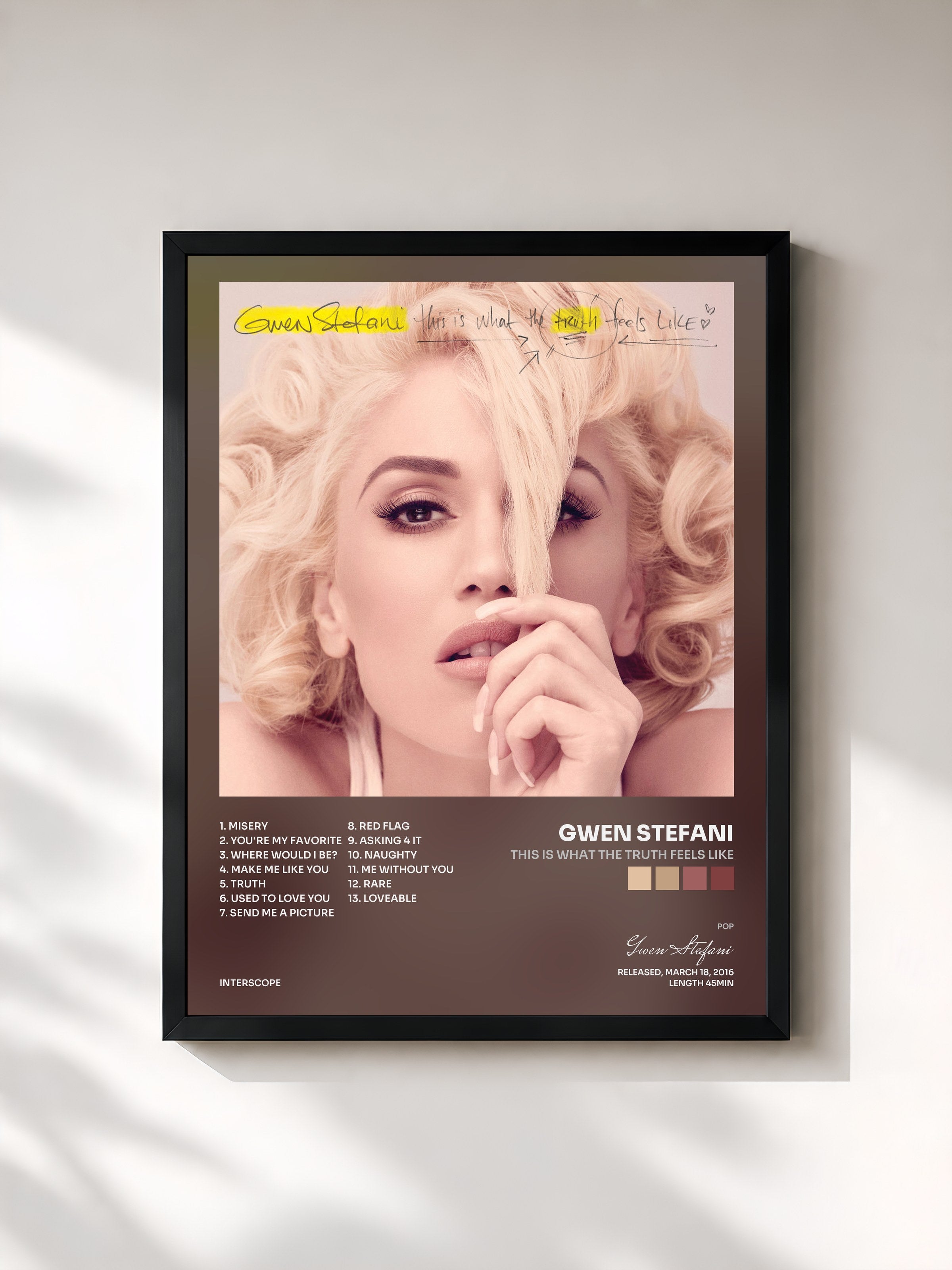 #noir Tableau de l'album This Is What The Truth Feels Like de Gwen Stefani, cadre noir, imprimé et encadré en France
