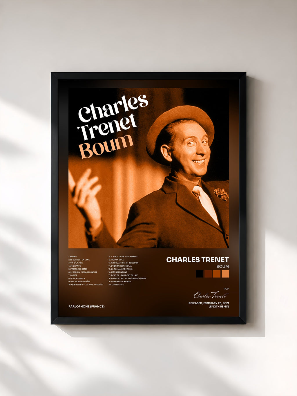 #noir Tableau de l'album Boum de Charles Trenet, cadre noir, imprimé et encadré en France
