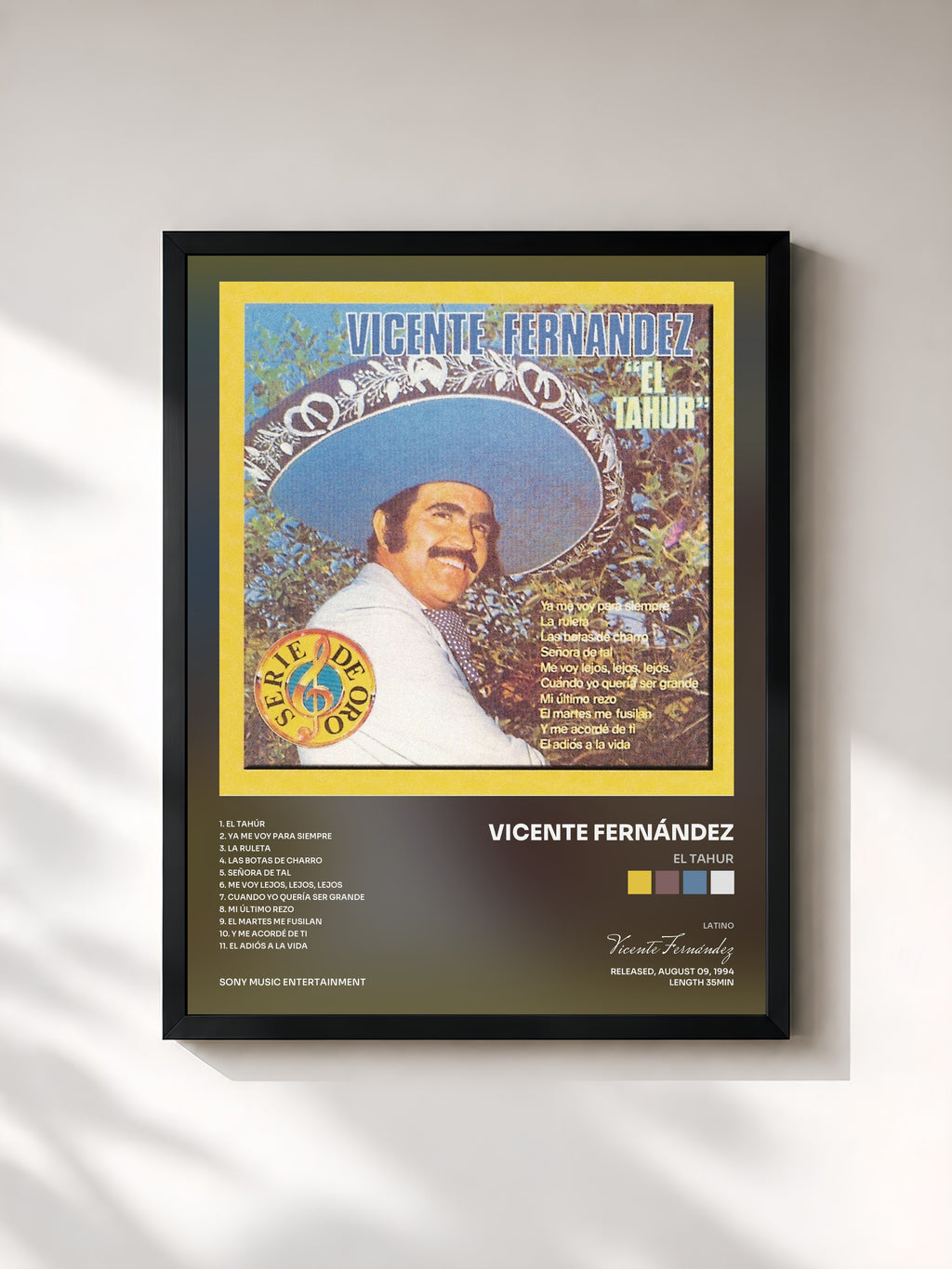 #noir Tableau de l'album El Tahur de Vicente Fernández, cadre noir, imprimé et encadré en France