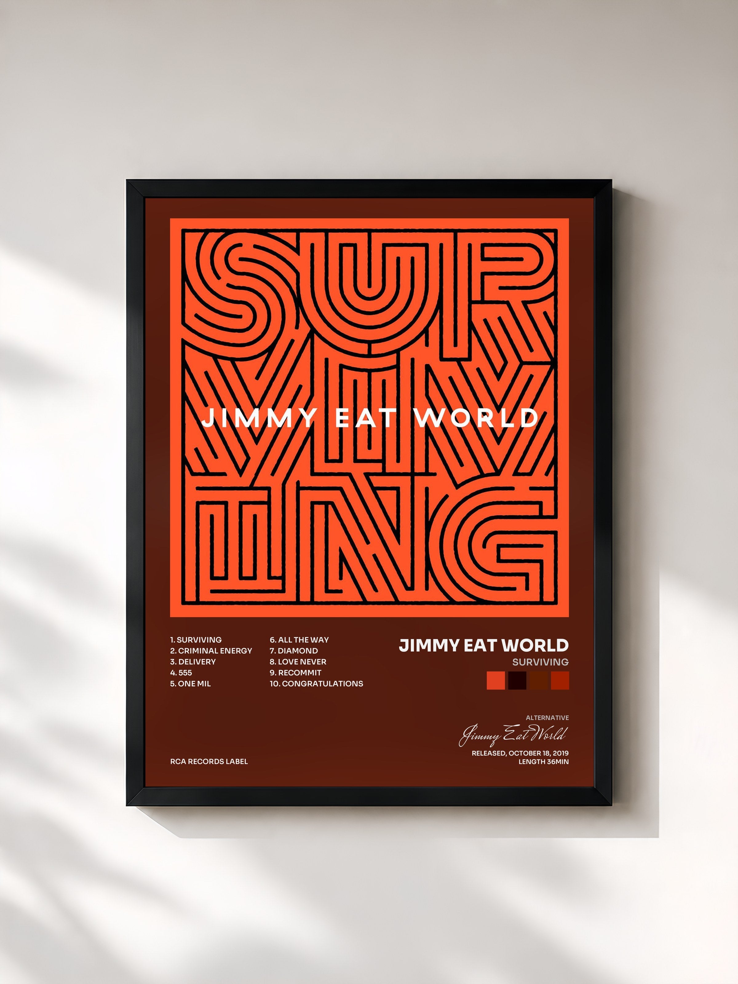 #noir Tableau de l'album Surviving de Jimmy Eat World, cadre noir, imprimé et encadré en France