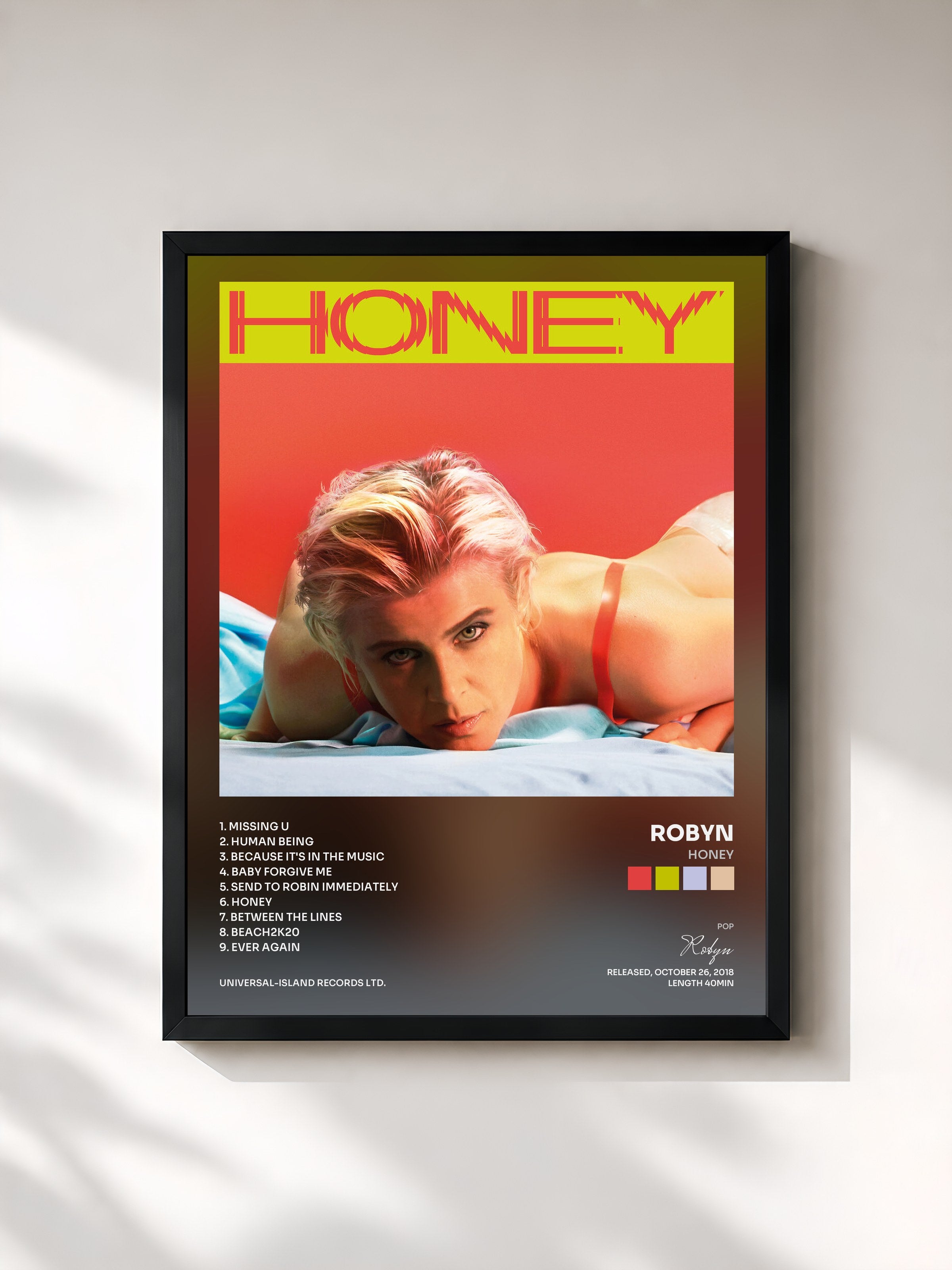 #noir Tableau de l'album Honey de Robyn, cadre noir, imprimé et encadré en France