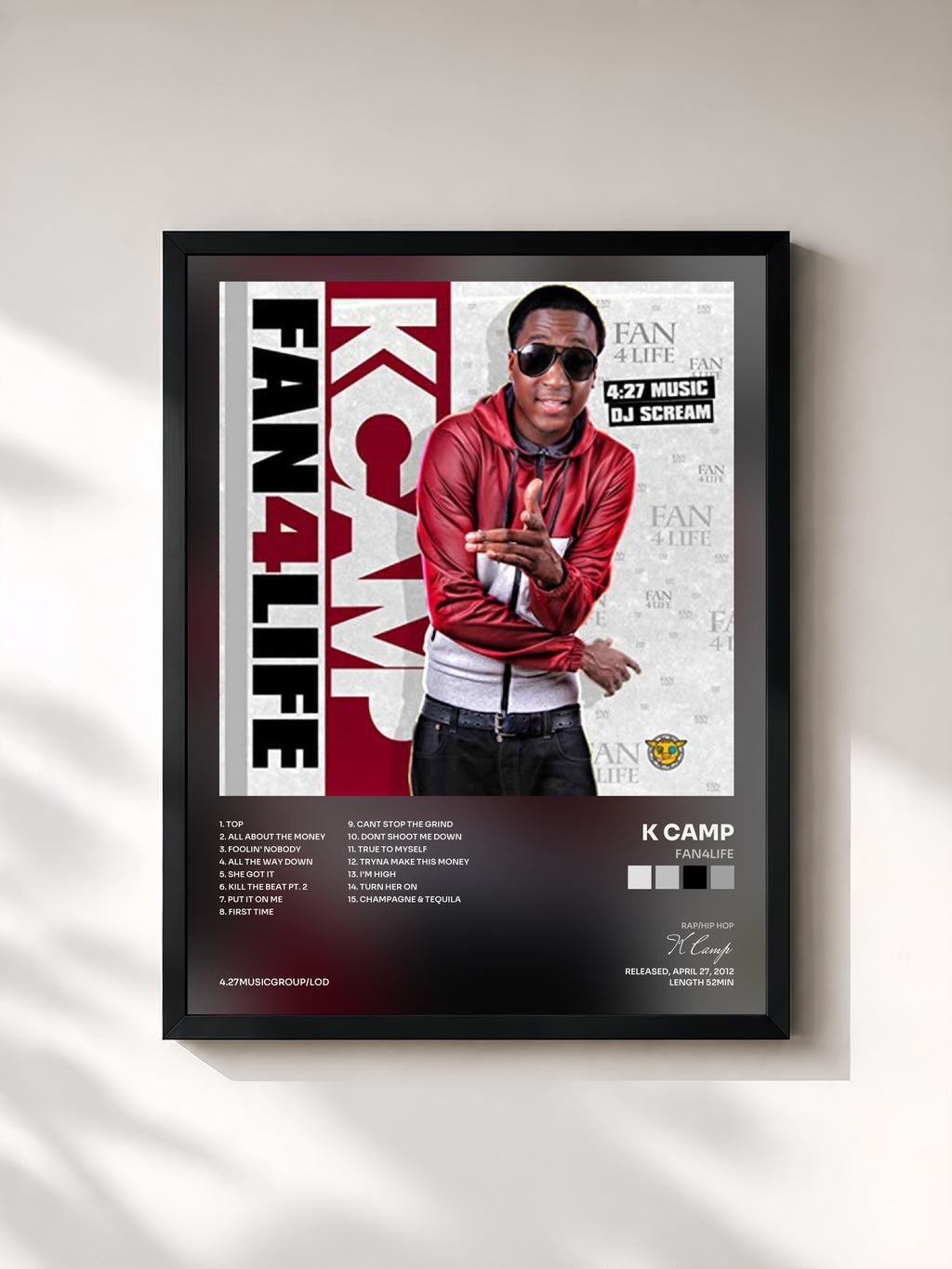 #noir Tableau de l'album Fan4Life de K Camp, cadre noir, imprimé et encadré en France