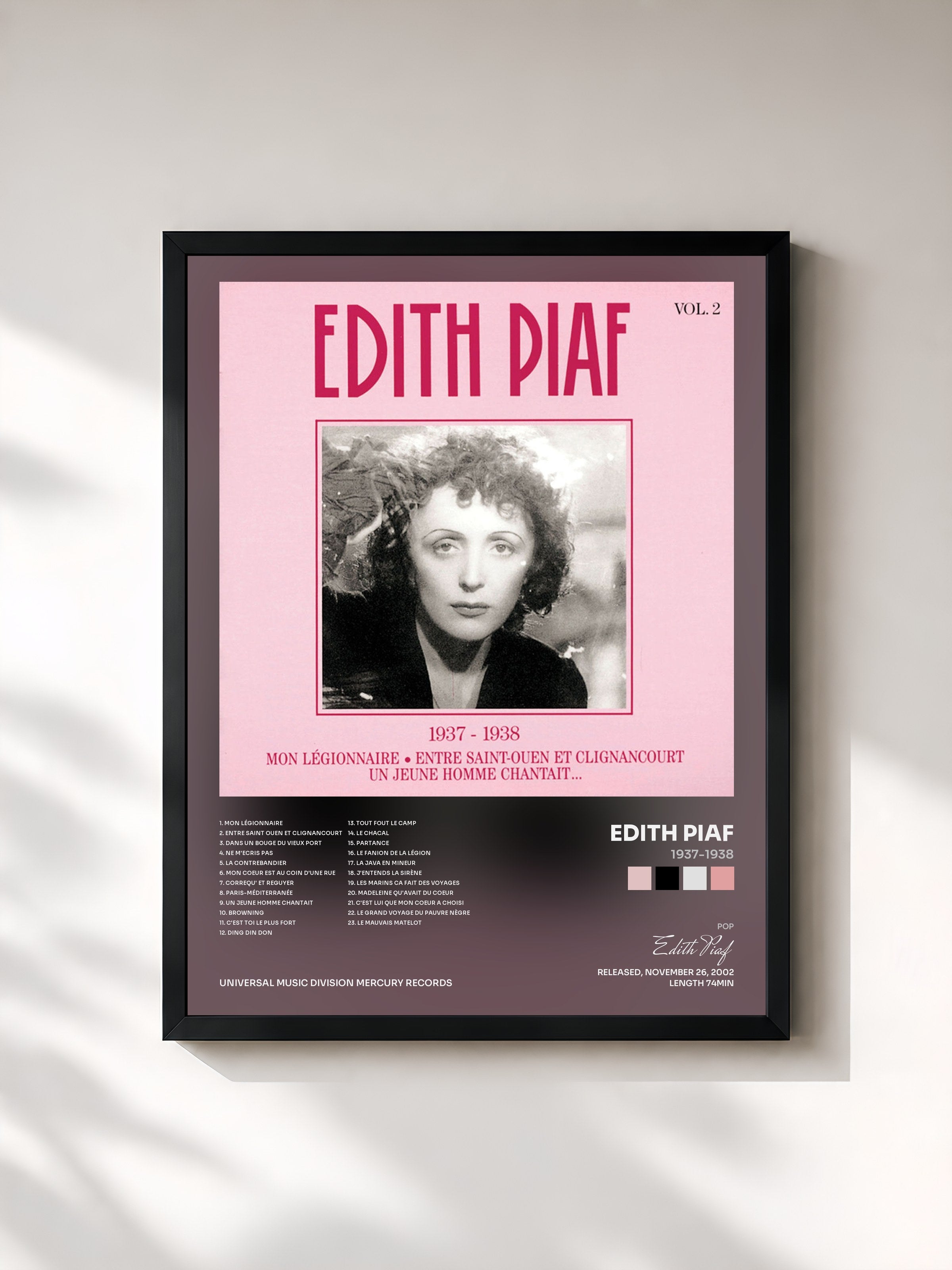 #noir Tableau de l'album 1937-1938 de Edith Piaf, cadre noir, imprimé et encadré en France