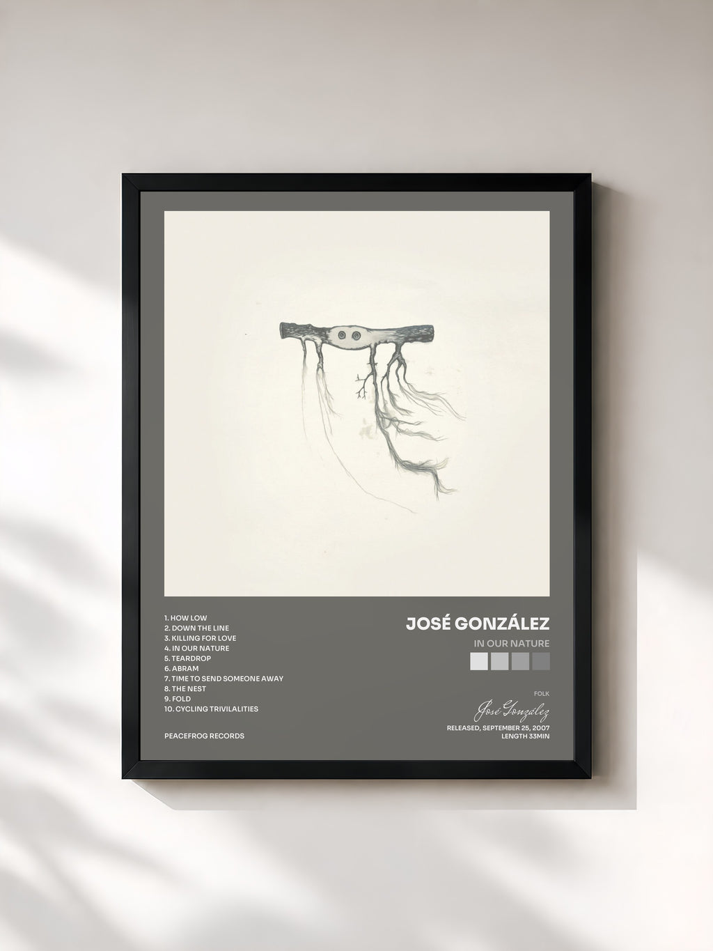 #noir Tableau de l'album In Our Nature de José González, cadre noir, imprimé et encadré en France