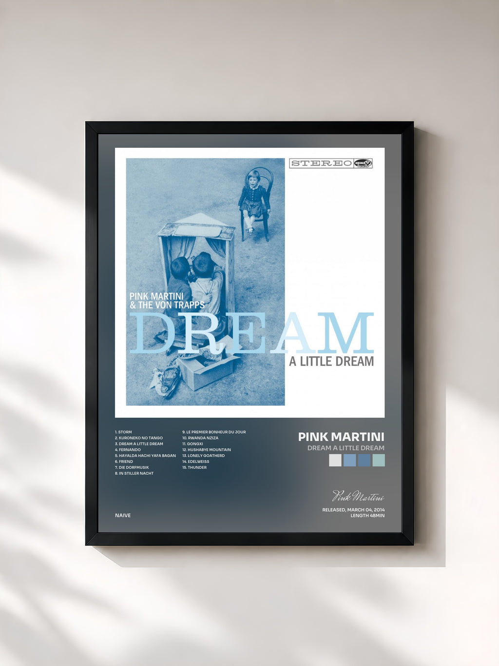 #noir Tableau de l'album Dream a Little Dream de Pink Martini, cadre noir, imprimé et encadré en France