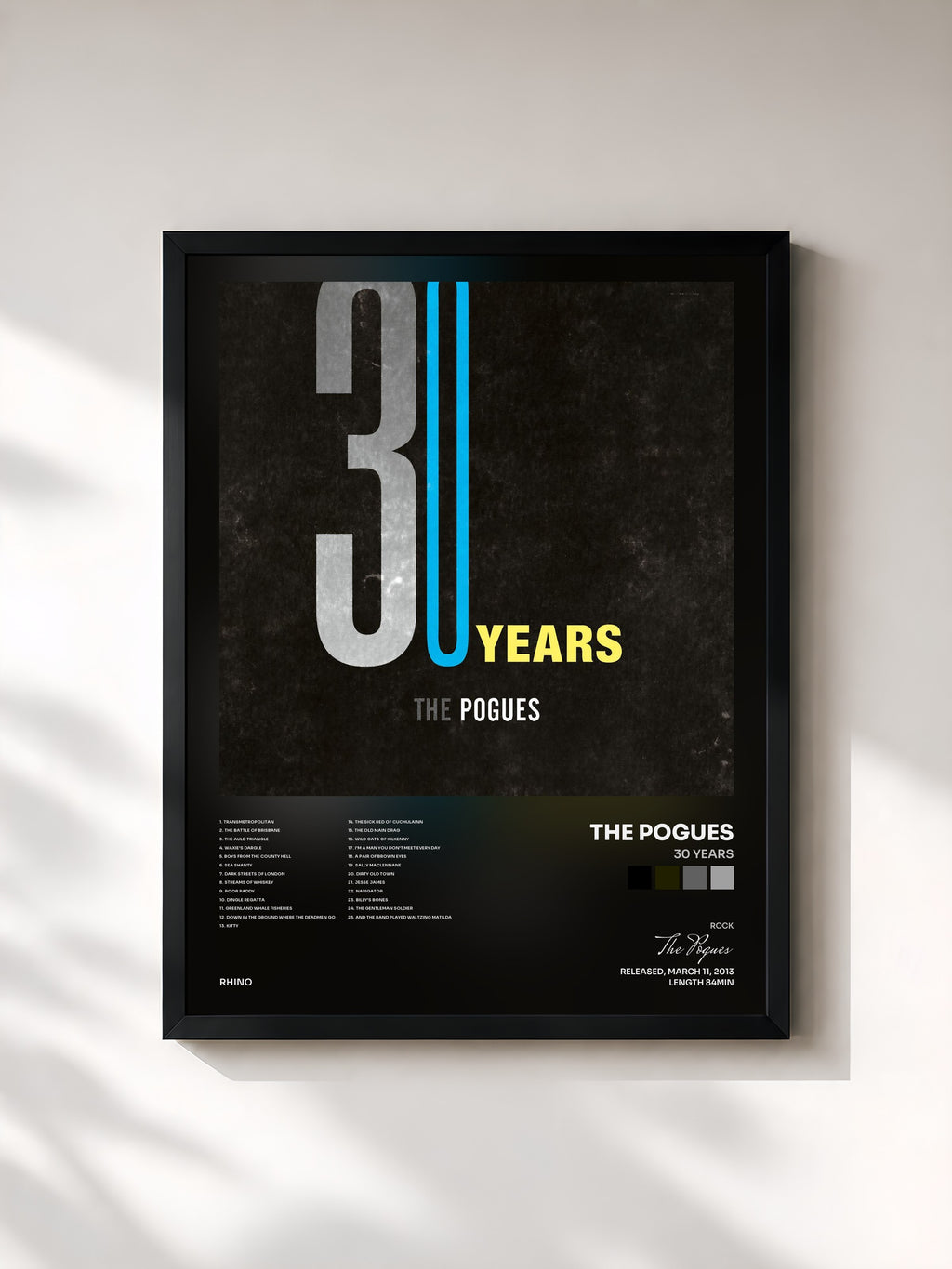 #noir Tableau de l'album 30 Years de The Pogues, cadre noir, imprimé et encadré en France