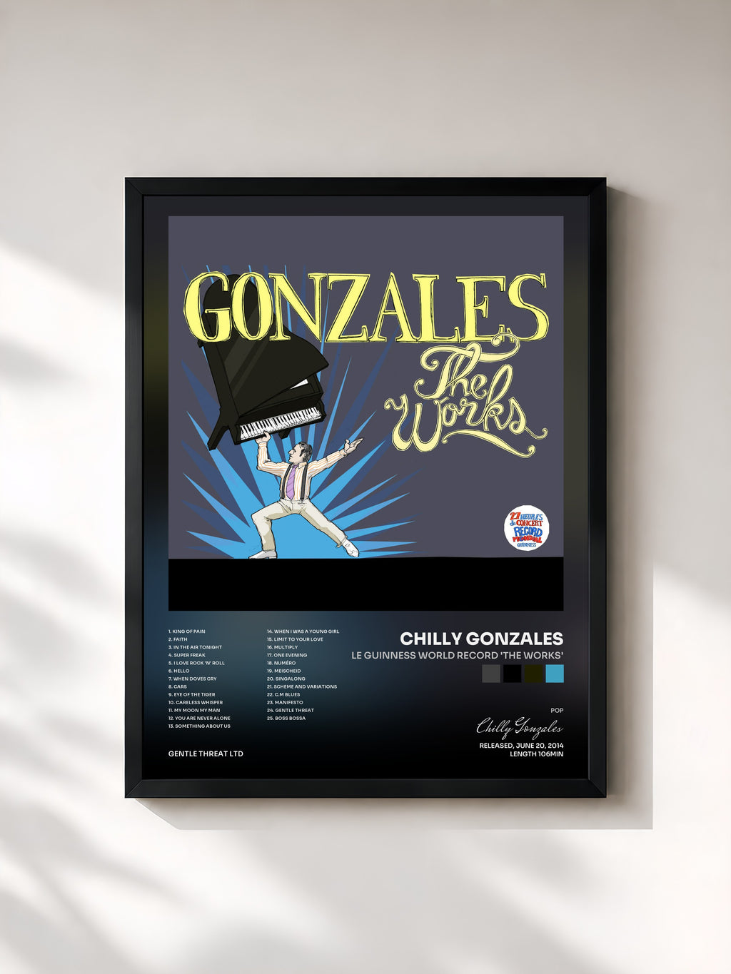 #noir Tableau de l'album Le Guinness World Record 'the Works' de Chilly Gonzales, cadre noir, imprimé et encadré en France