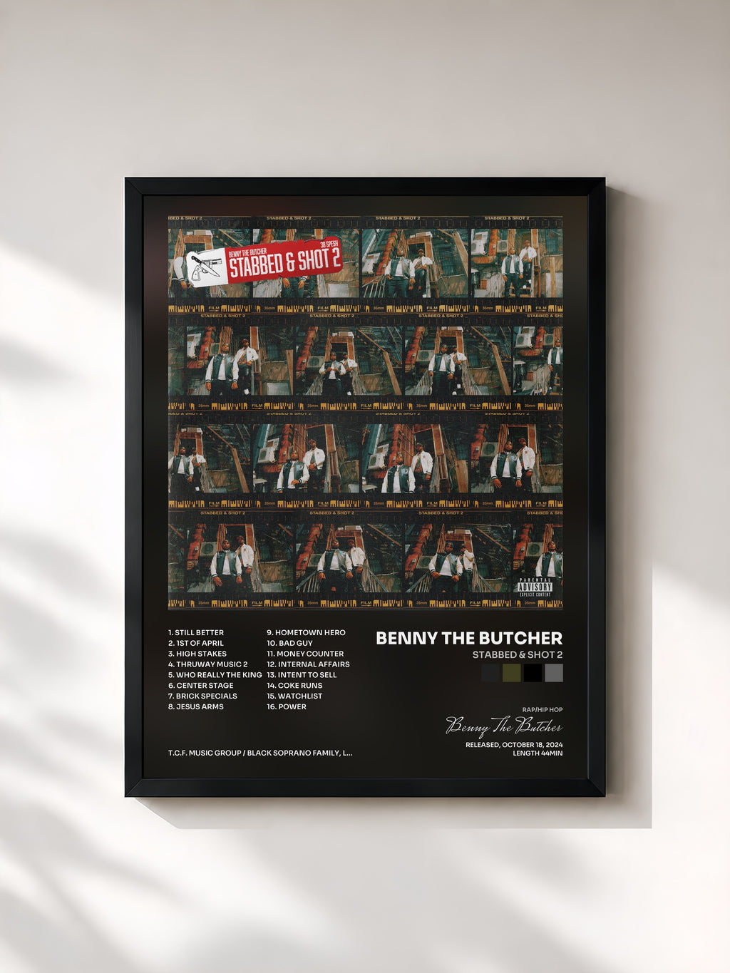 #noir Tableau de l'album STABBED & SHOT 2 de Benny The Butcher, cadre noir, imprimé et encadré en France