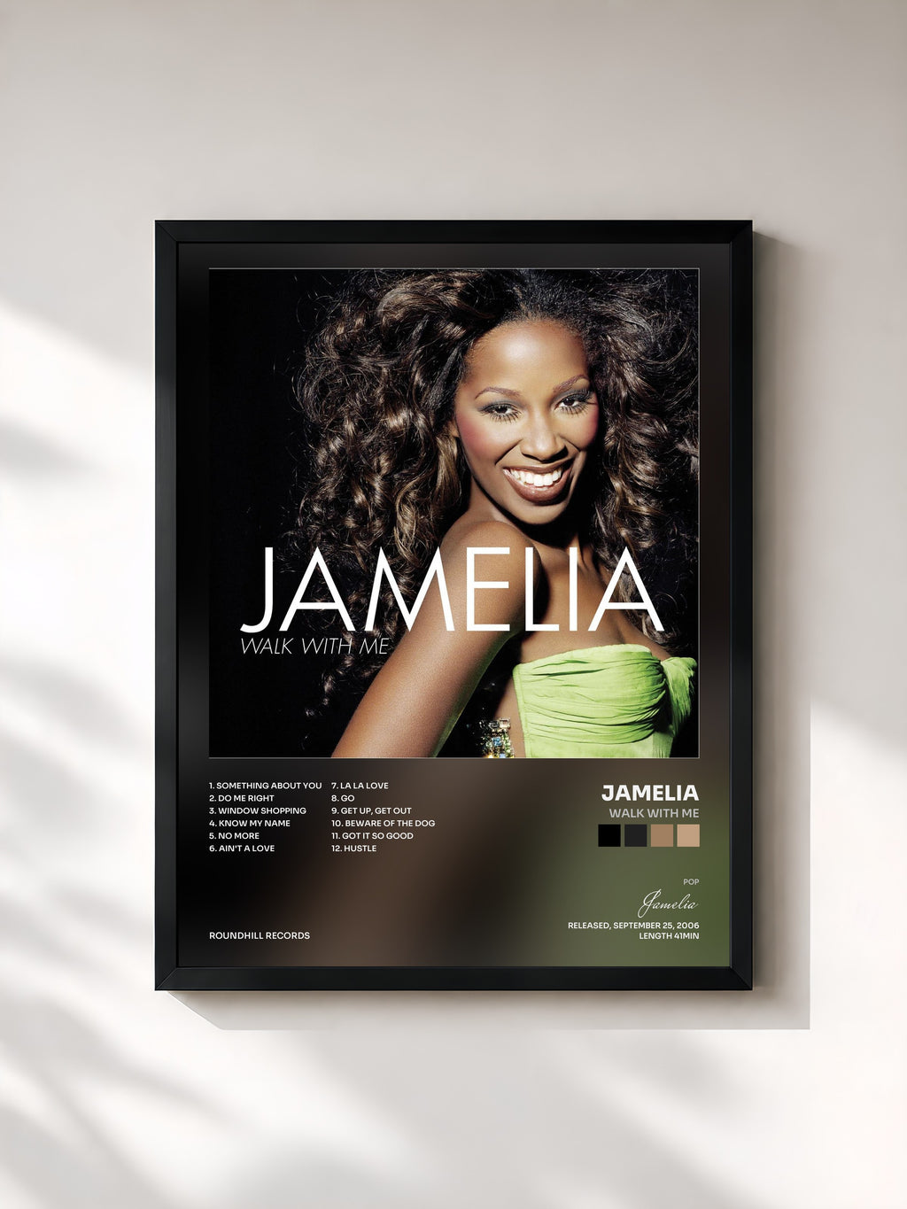 #noir Tableau de l'album Walk with Me de Jamelia, cadre noir, imprimé et encadré en France