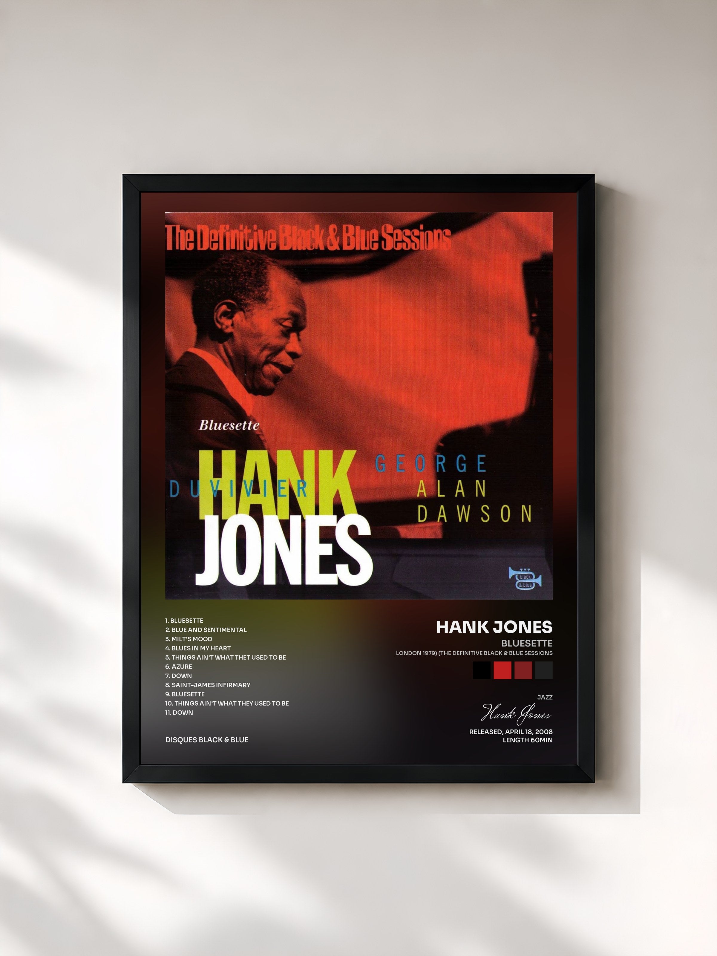 #noir Tableau de l'album Bluesette (London 1979) (The Definitive Black & Blue Sessions) de Hank Jones, cadre noir, imprimé et encadré en France