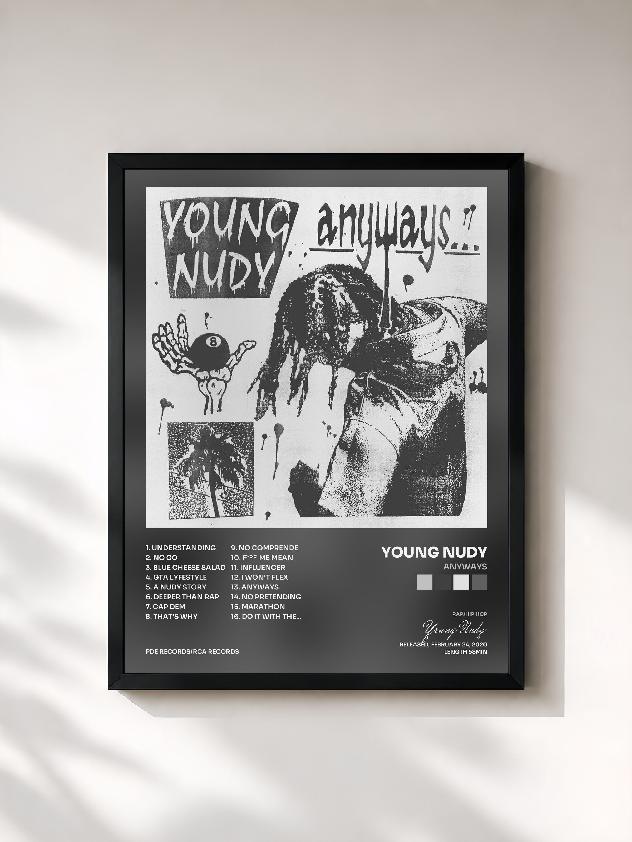 #noir Tableau de l'album Anyways de Young Nudy, cadre noir, imprimé et encadré en France