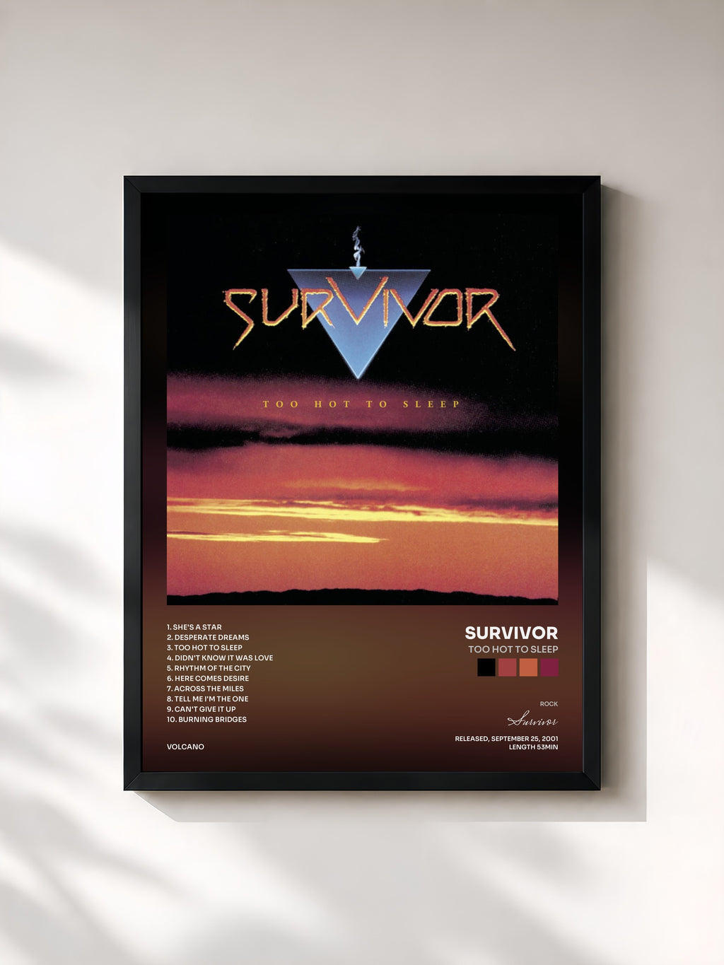 #noir Tableau de l'album Too Hot to Sleep de Survivor, cadre noir, imprimé et encadré en France