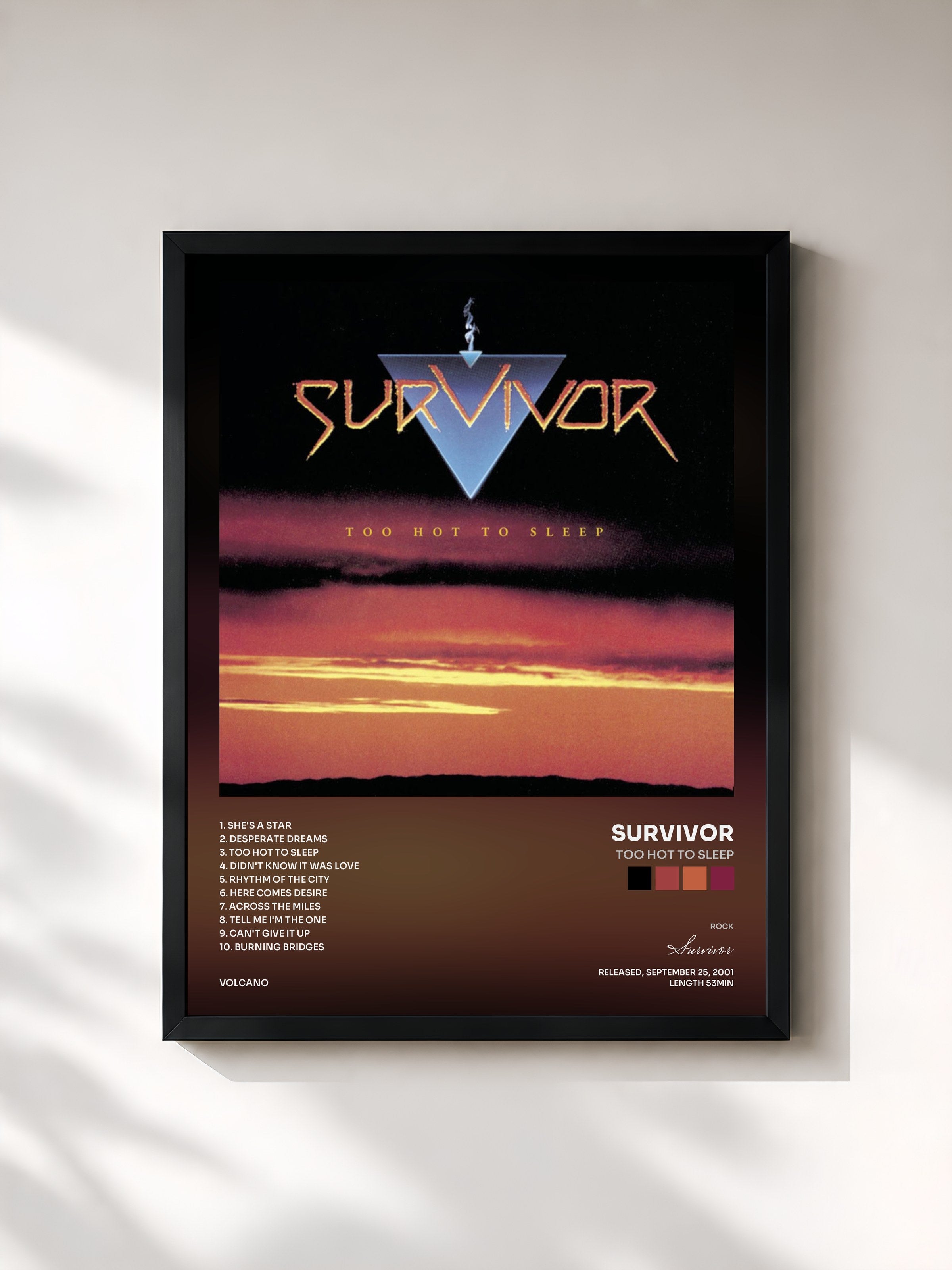 #noir Tableau de l'album Too Hot to Sleep de Survivor, cadre noir, imprimé et encadré en France