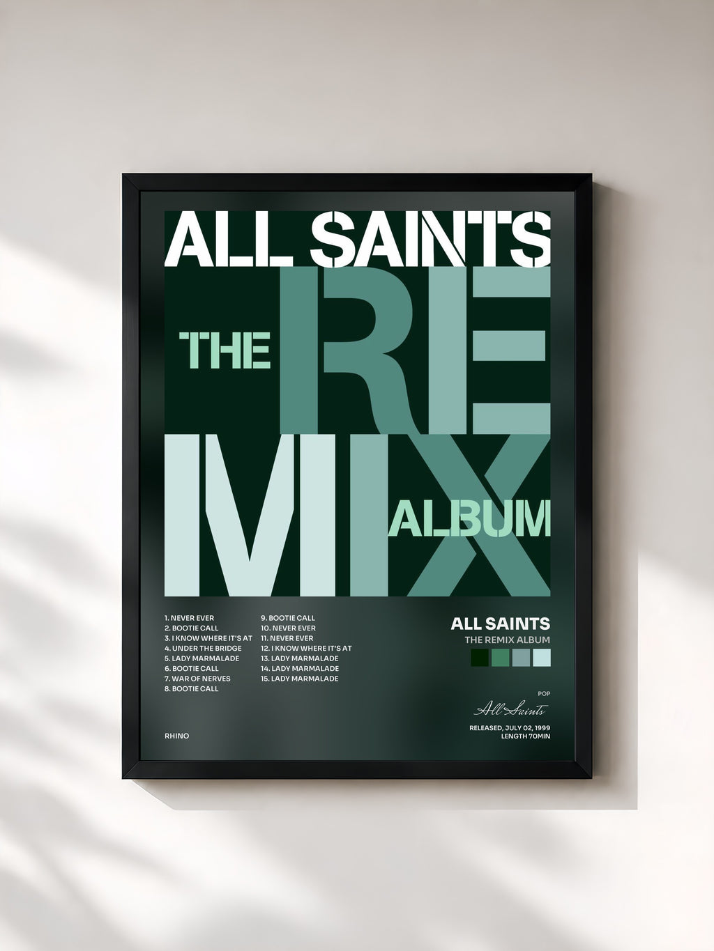 #noir Tableau de l'album The Remix Album de All Saints, cadre noir, imprimé et encadré en France