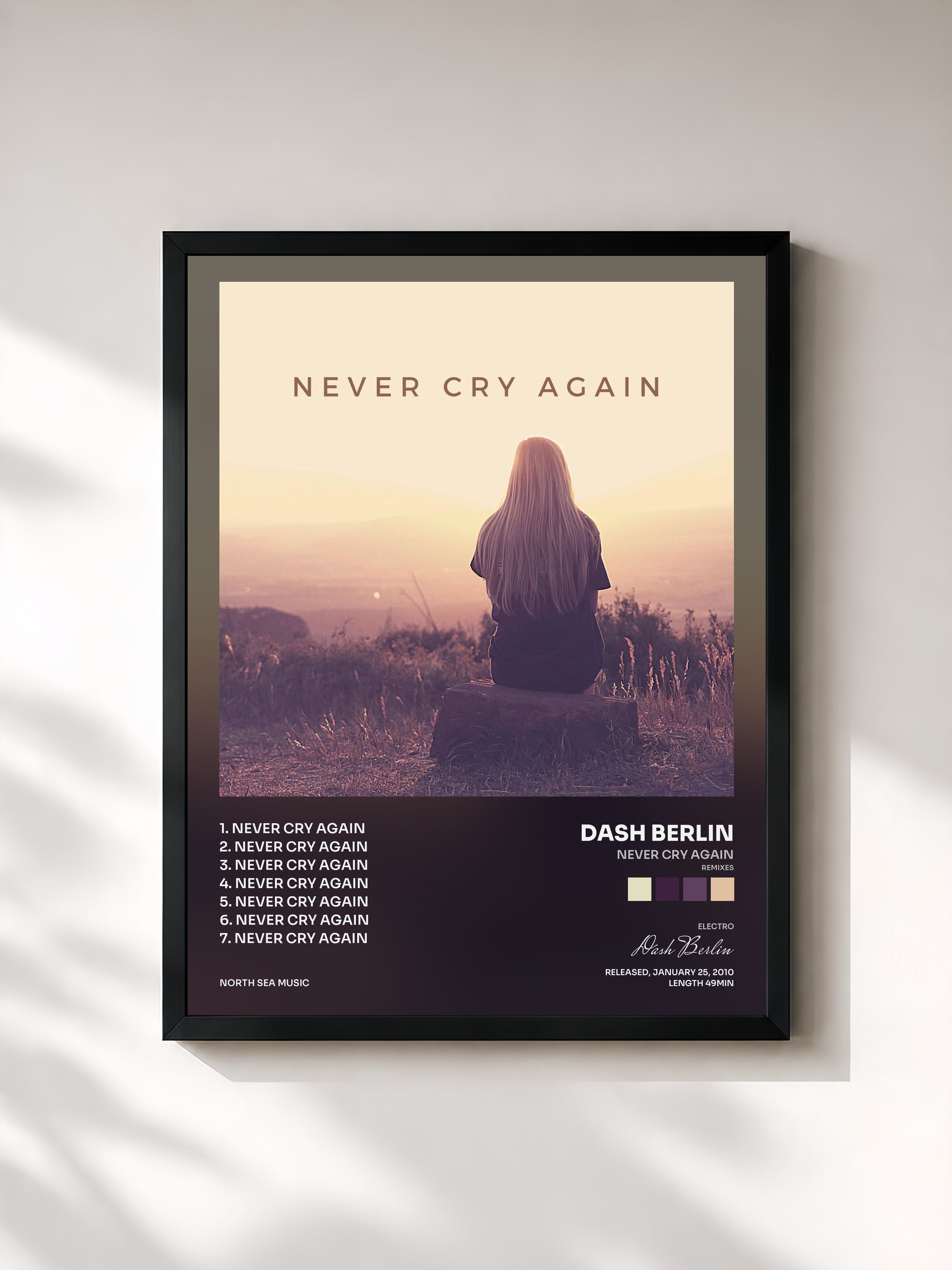 #noir Tableau de l'album Never Cry Again (Remixes) de Dash Berlin, cadre noir, imprimé et encadré en France