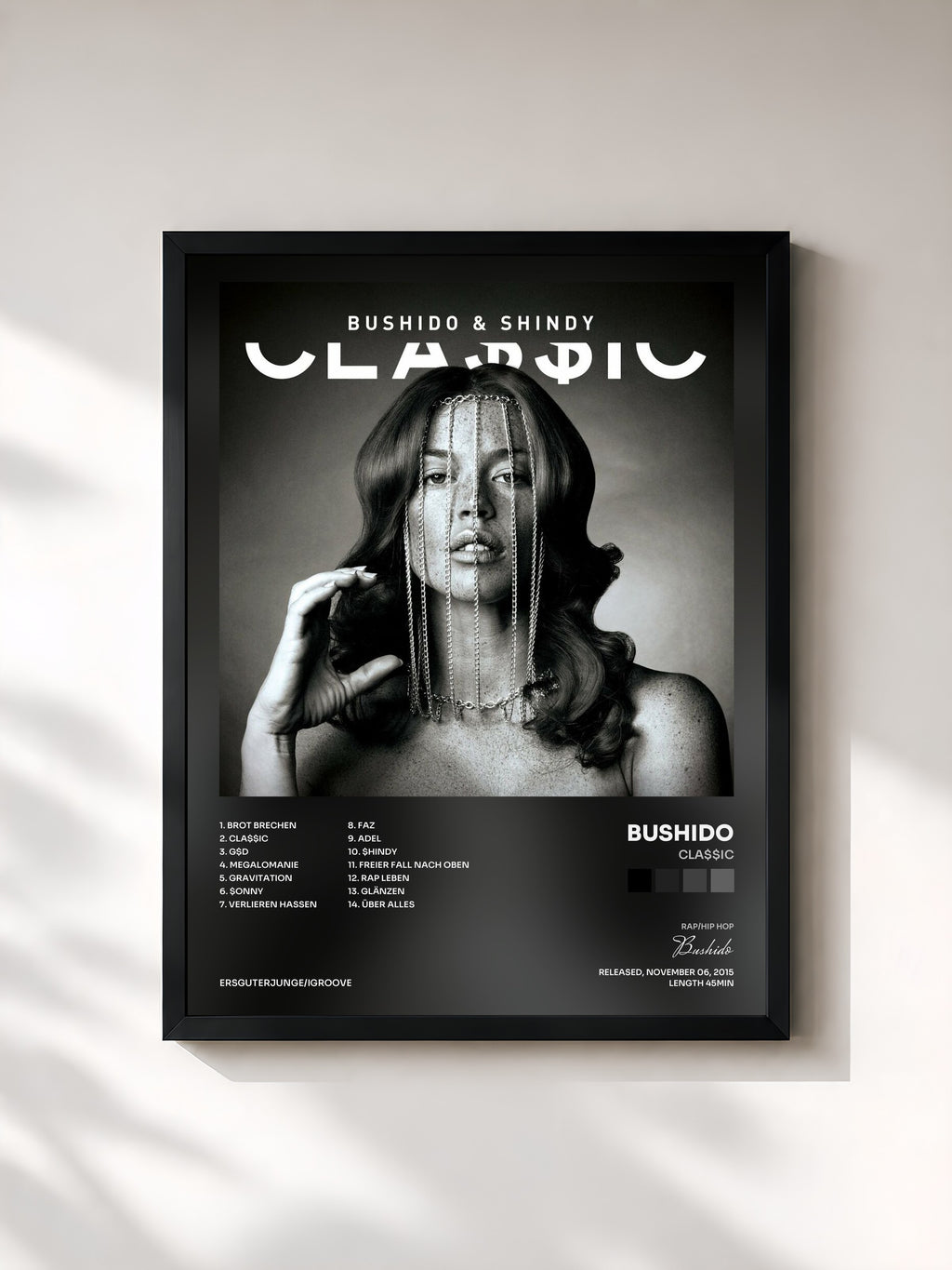 #noir Tableau de l'album CLA$$IC de Bushido, cadre noir, imprimé et encadré en France