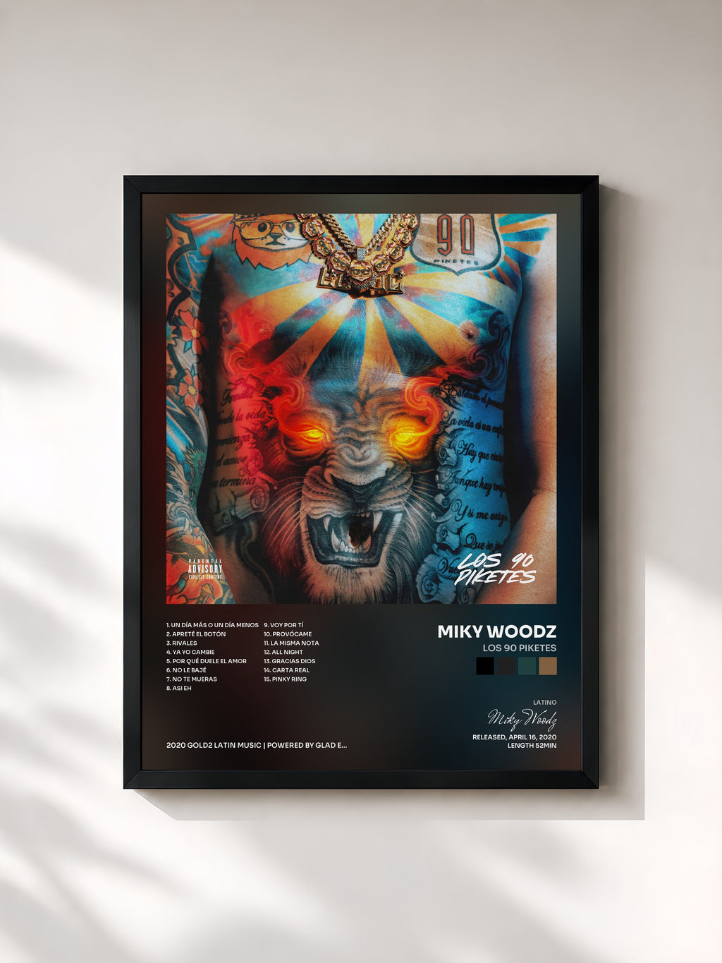 #noir Tableau de l'album Los 90 Piketes de Miky Woodz, cadre noir, imprimé et encadré en France