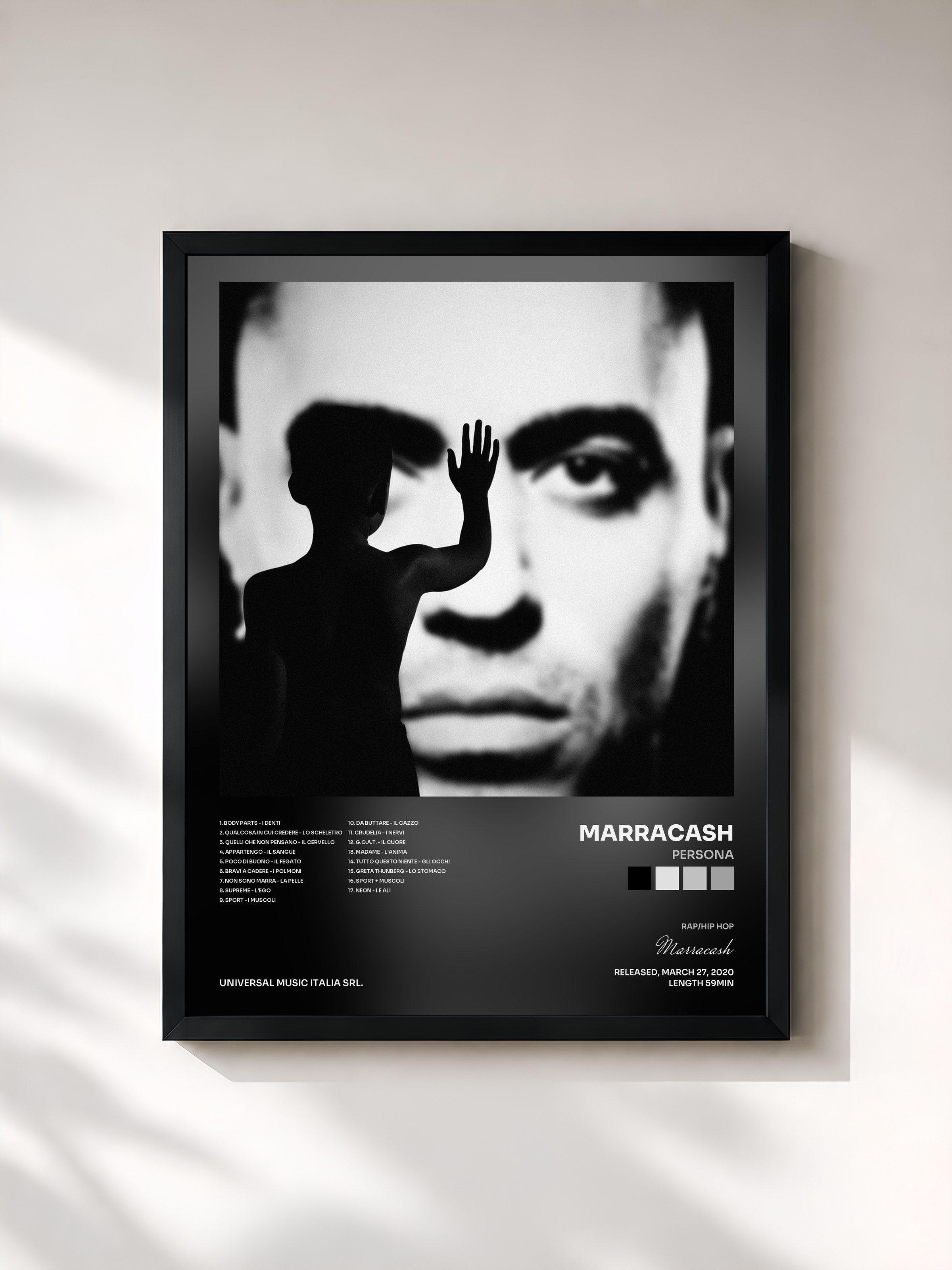 #noir Tableau de l'album Persona de Marracash, cadre noir, imprimé et encadré en France