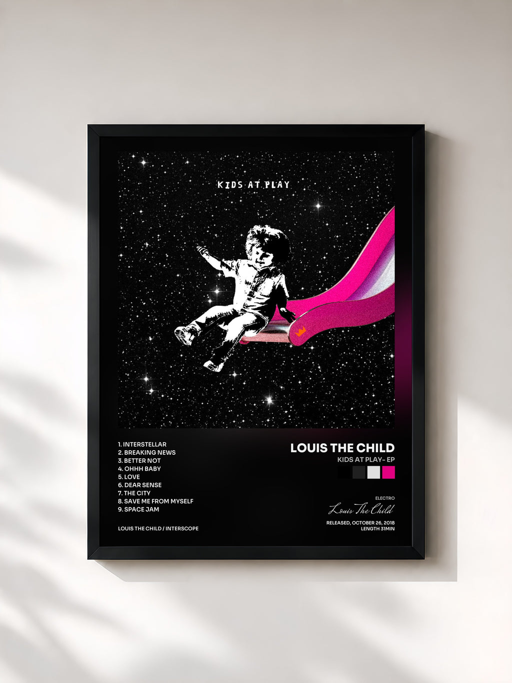 #noir Tableau de l'album Kids At Play- EP de Louis The Child, cadre noir, imprimé et encadré en France