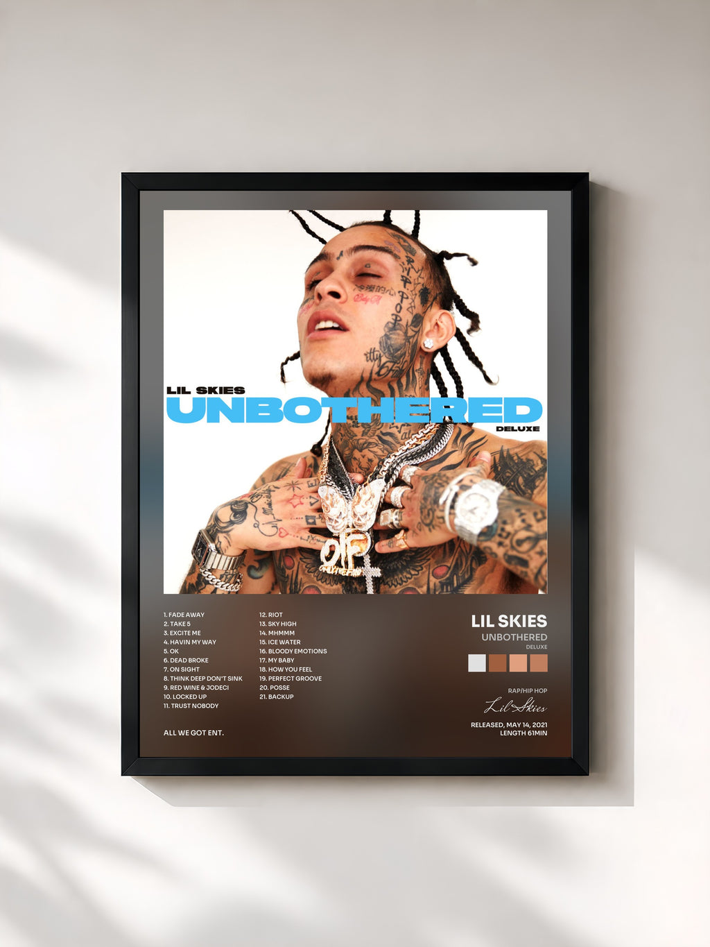 #noir Tableau de l'album Unbothered (Deluxe) de Lil Skies, cadre noir, imprimé et encadré en France