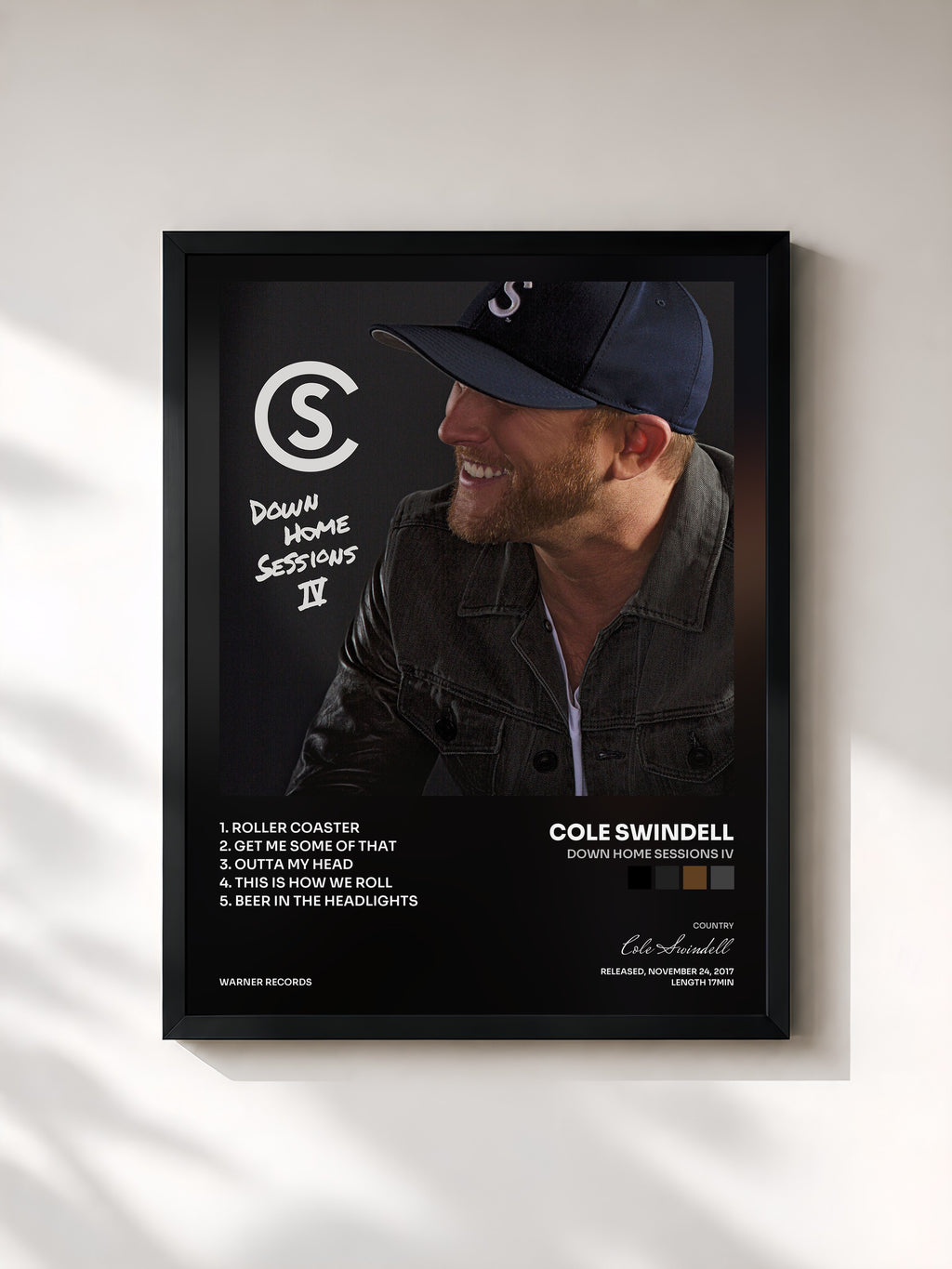 #noir Tableau de l'album Down Home Sessions IV de Cole Swindell, cadre noir, imprimé et encadré en France