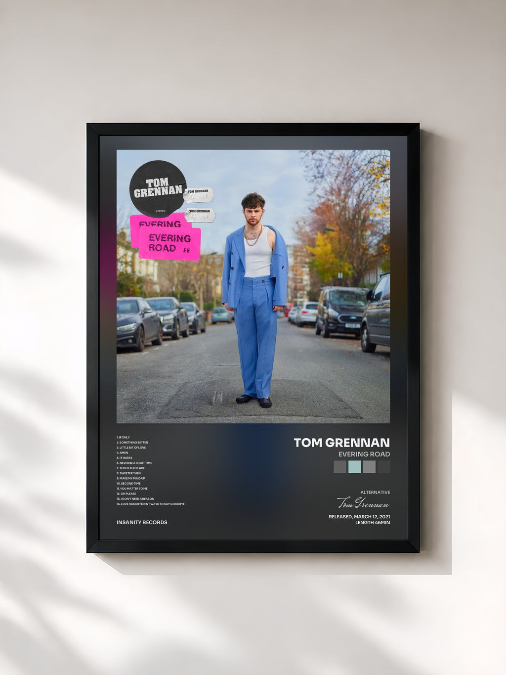 #noir Tableau de l'album Evering Road de Tom Grennan, cadre noir, imprimé et encadré en France