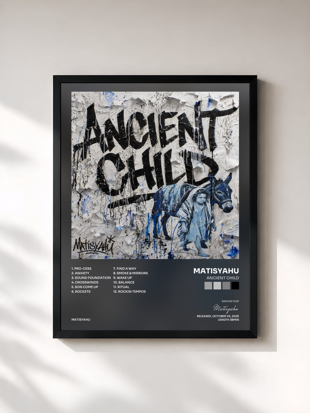 #noir Tableau de l'album Ancient Child de Matisyahu, cadre noir, imprimé et encadré en France