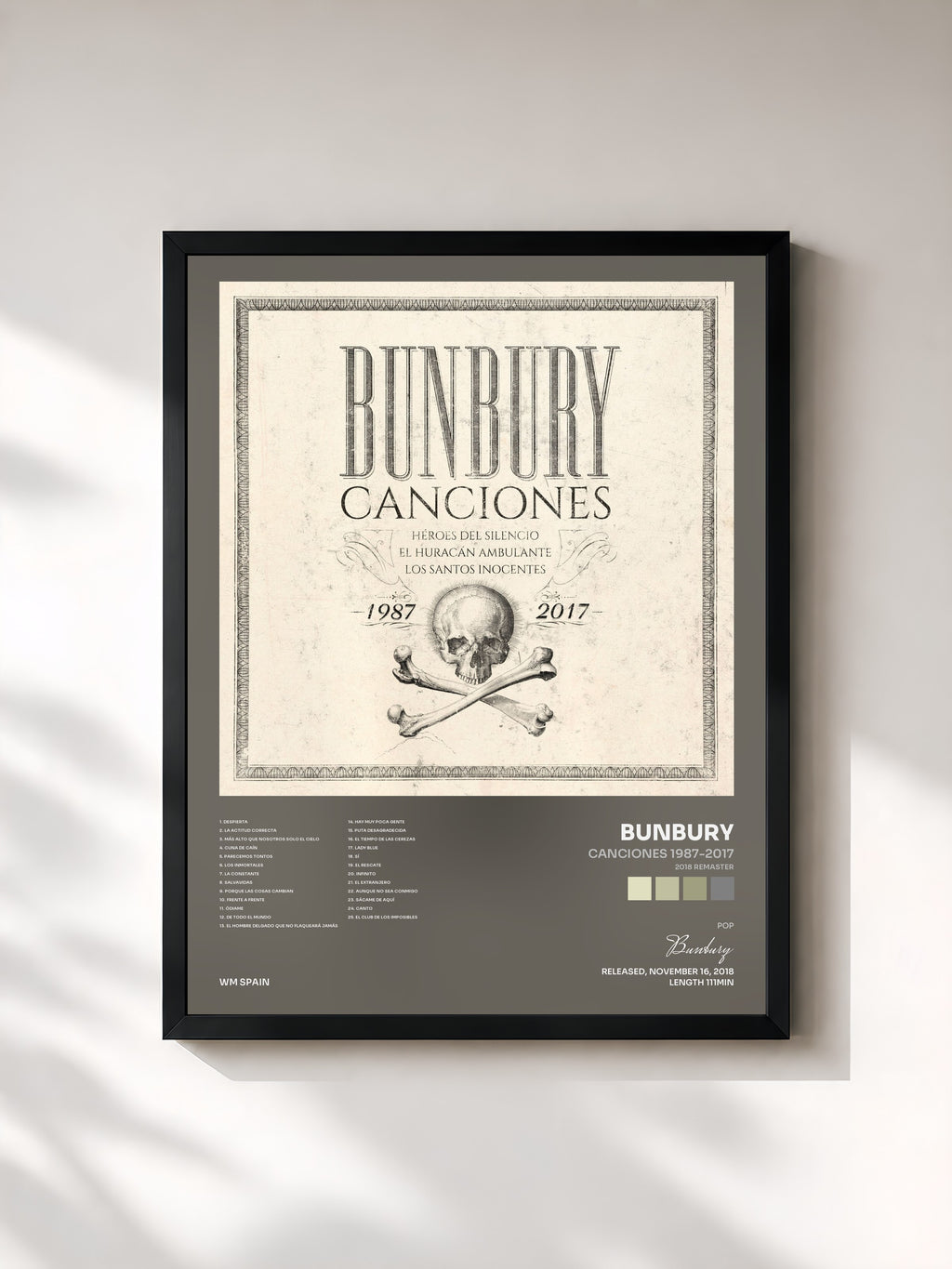 #noir Tableau de l'album Canciones 1987-2017 (2018 Remaster) de Bunbury, cadre noir, imprimé et encadré en France