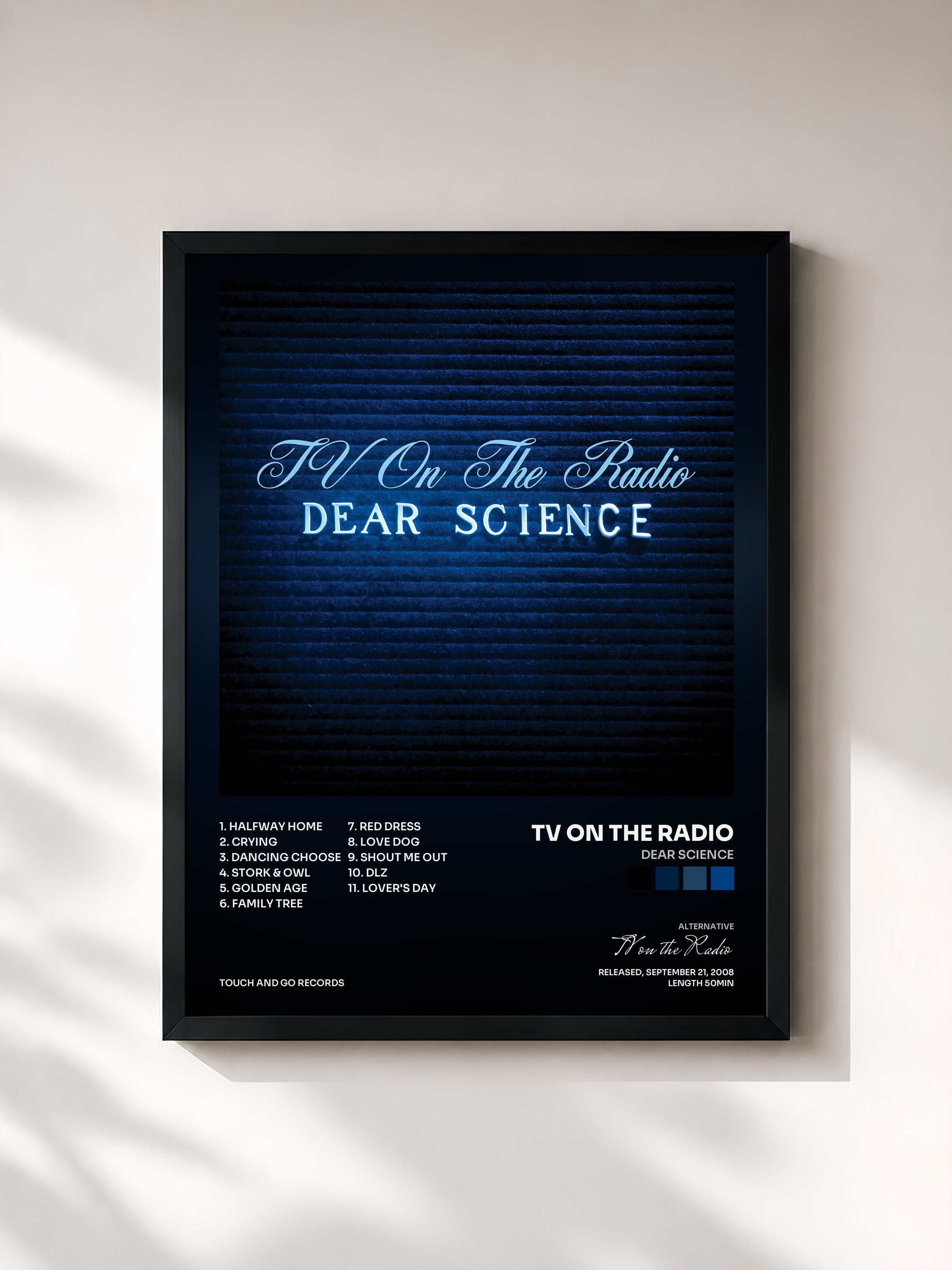 #noir Tableau de l'album Dear Science de TV on the Radio, cadre noir, imprimé et encadré en France